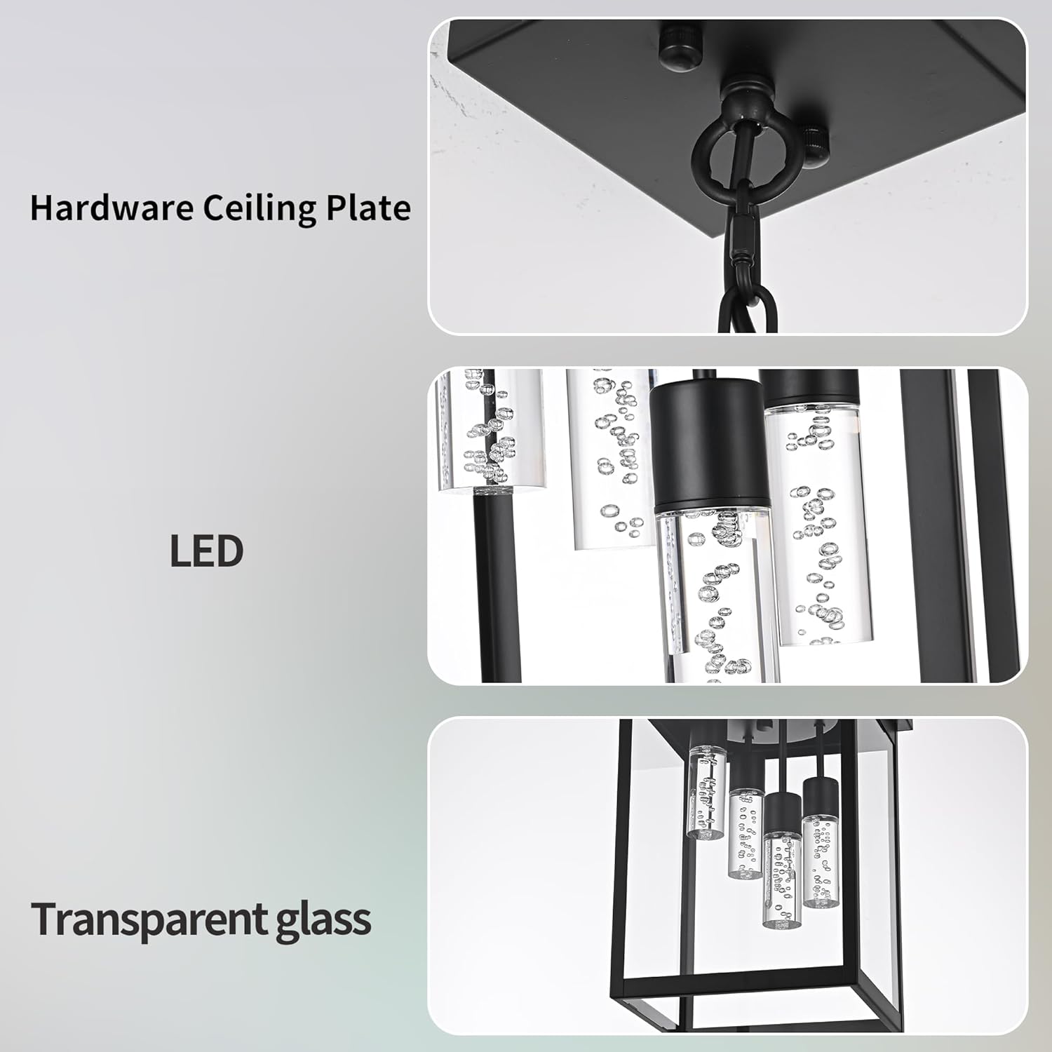 5CCT LED Outdoor Pendant Light, Clear Glass 4-Light Lantern, IP44 Waterproof, Black, Adjustable Height Hanging Lamp for Outdoor Hallway, Garden, Patio