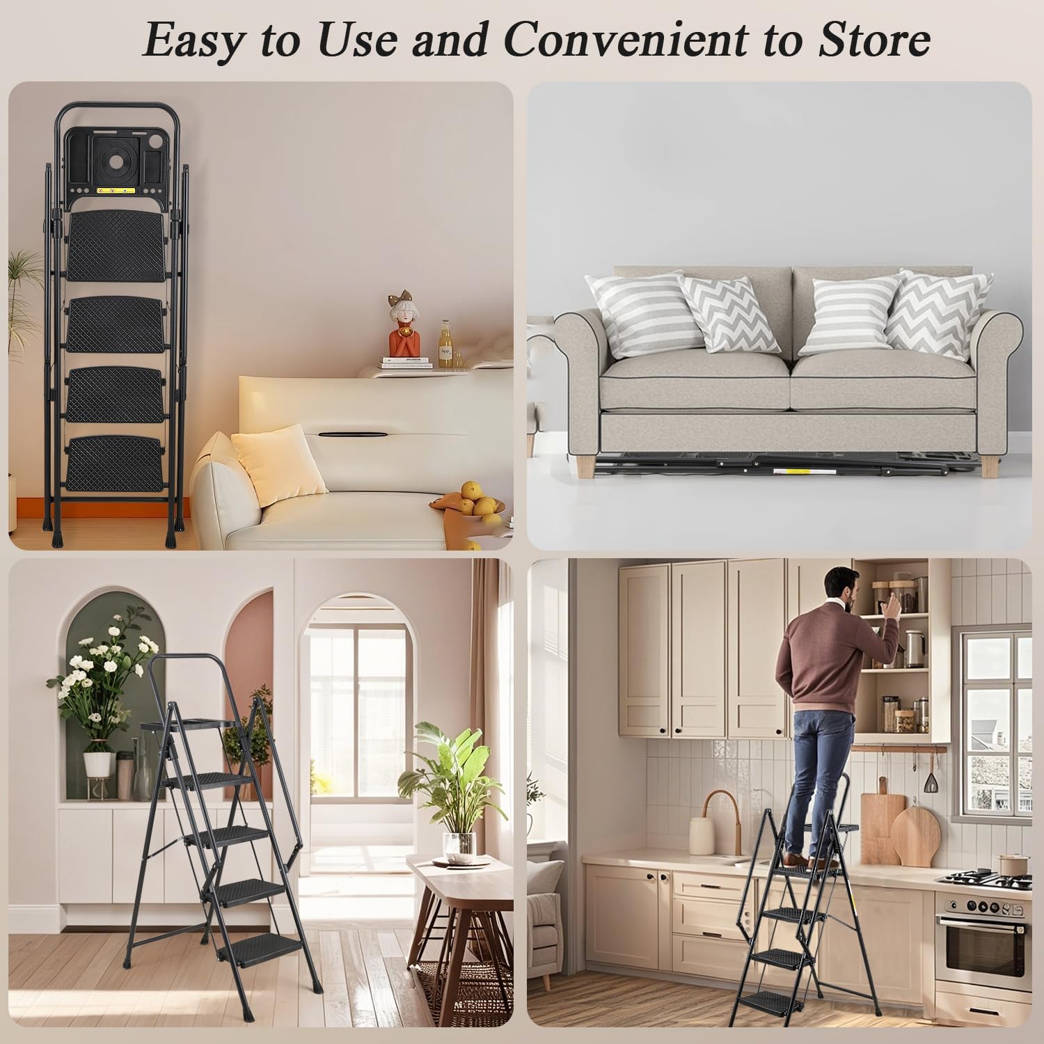 4 Step Ladder, Foldable Step Stool with Tool Tray, Wide Non-Slip Pedals & Convenient Handrails, Sturdy Steel Ladder, Lightweight Portable Steel Step Stool for Painting Home (35" W x 59.44" H)