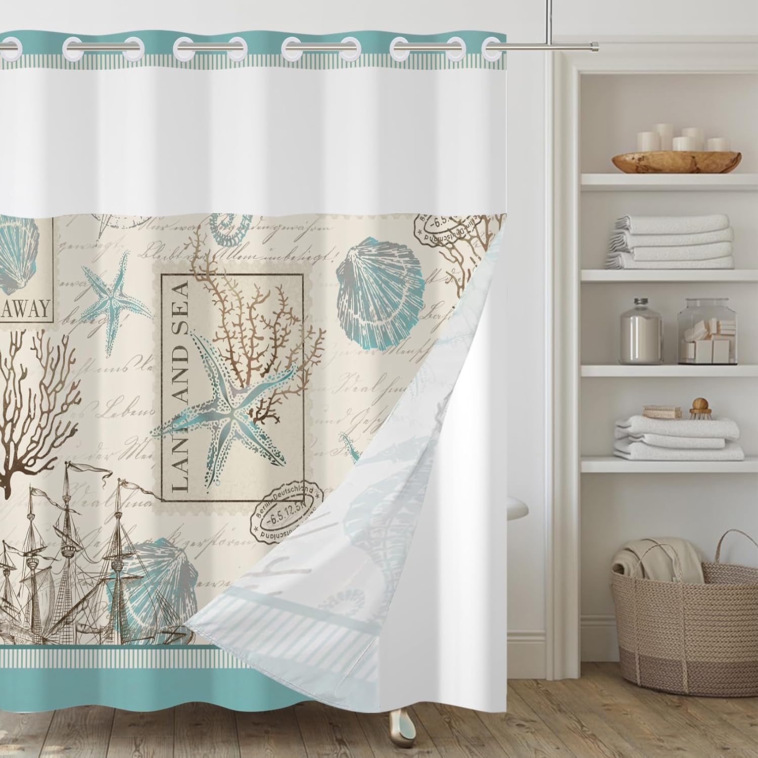 No Hook Shower Curtain,Nautical Double-Layered Shower Curtain with Snap-in Liner and Weights,Teal Blue Vintage Ocean Sea Theme Fabric Bath Curtain with See Through Mesh, 71x74in