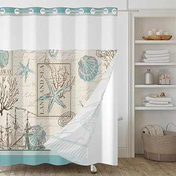 No Hook Shower Curtain,Nautical Double-Layered Shower Curtain with Snap-in Liner and Weights,Teal Blue Vintage Ocean Sea Theme Fabric Bath Curtain with See Through Mesh, 71x74in