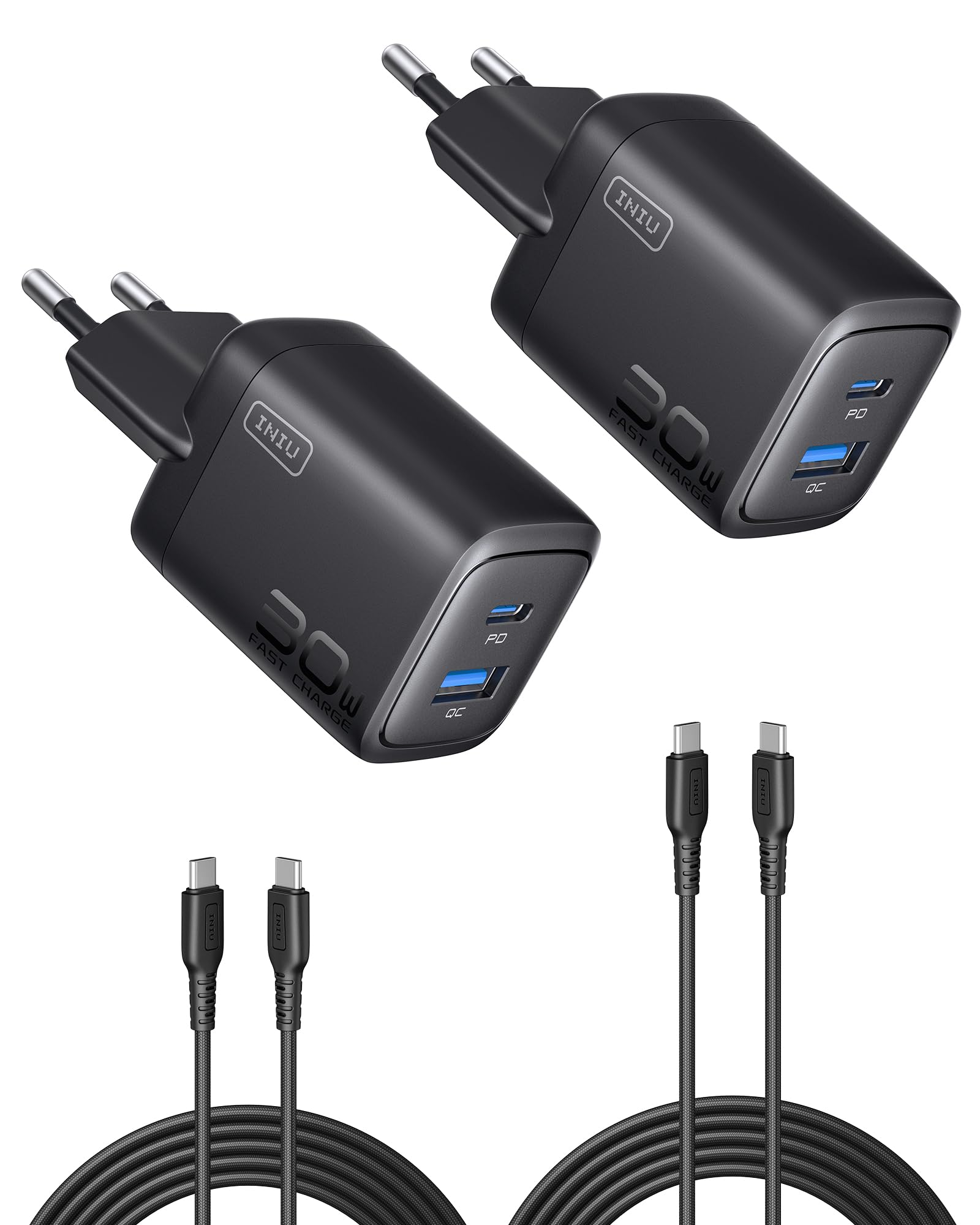 INIU 30W USB C Oplader 2-Pack, [USB C + A] Meervoudige Voedingsadapter met USB-C Kabel, PD 3.0 Snellader Stekker, USB C-Adapter voor iPhone 16 15 14 Pro Max, iPad Air 6, Samsung Glaxy S24 Ultra, enz.