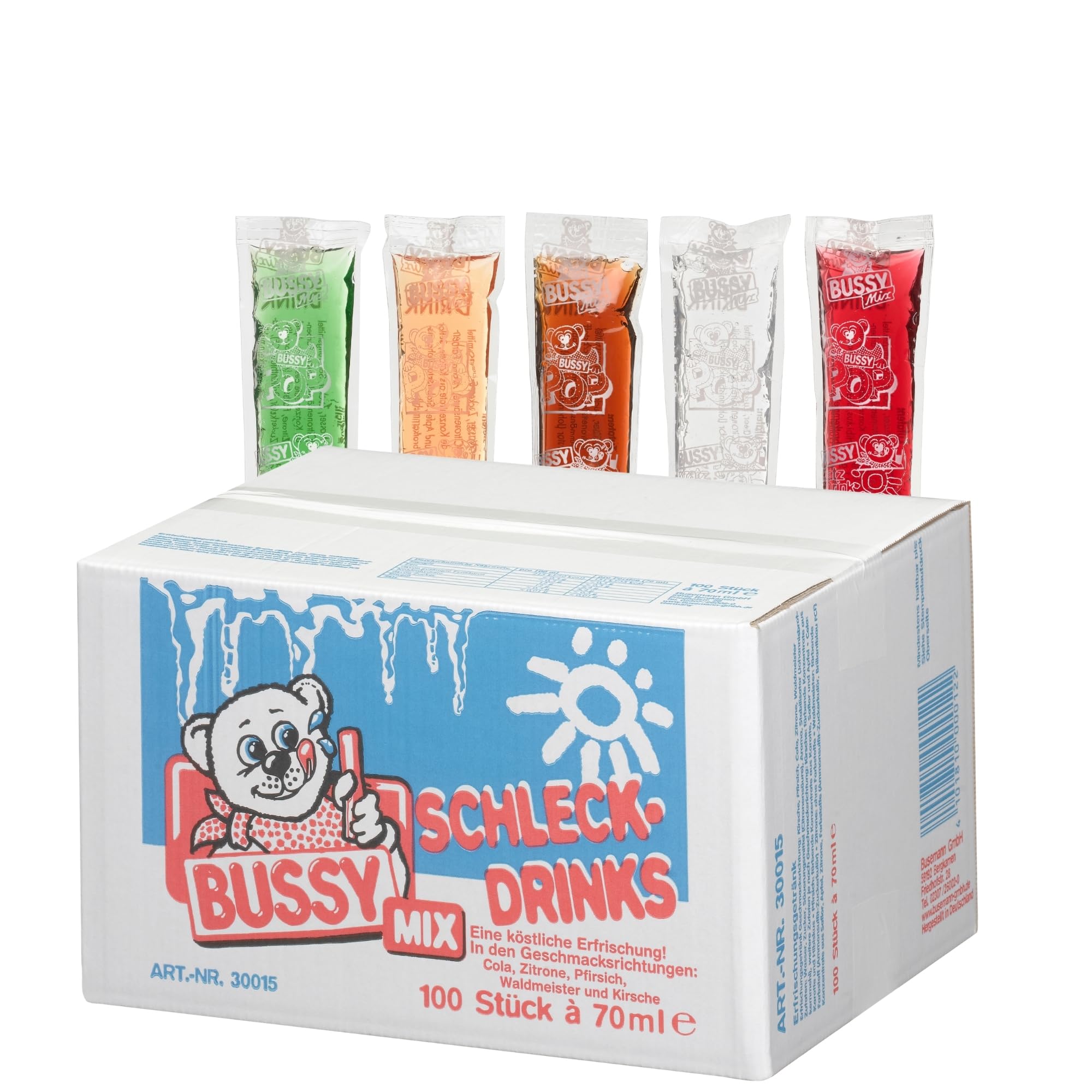 Bussy Mix 100x 70ml Schleck-Drinks Wassereis zum Einfrieren verschiedene Sorten Party Eis für Kinder Sommer
