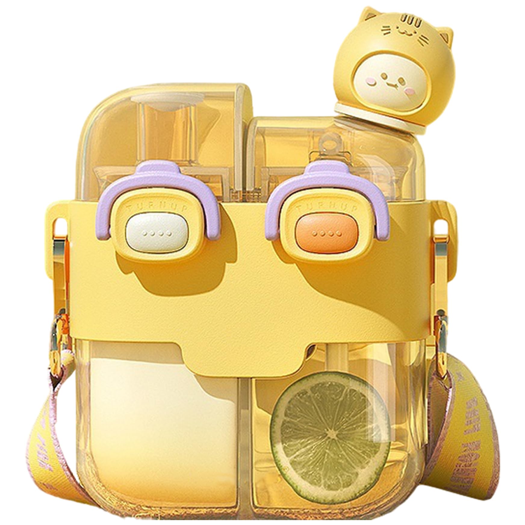 Pesoncarl Kawaii Water Bottle Dual Chamber Water Bottle with Straw & Strap & Lock 530ml Portable Leakproof for School Sport Travel, Yellow