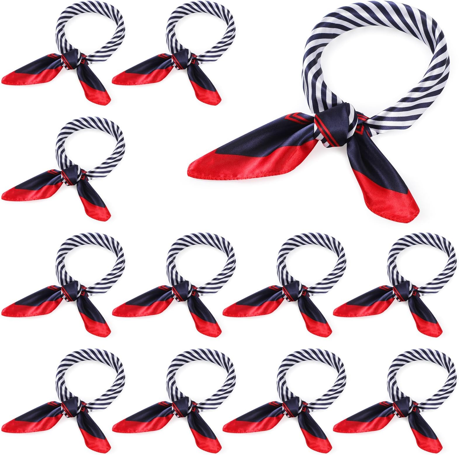 Xtinmee 12 Pack Nautical Square Scarf Red White and Blue Imitated Silk Sailor Neck Scarf for Women Ladies, Classic Style, White, Blue and Red, general size