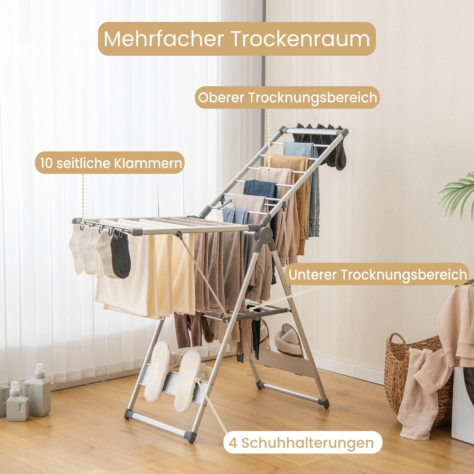 GIANTEX Klappbarer Wäscheständer, 2-lagiger platzsparender Aluminium-Wäscheständer mit verstellbaren Flügeln, 21 Trocknungsschienen, 10 Seitenspangen und 4 Schuhhaltern