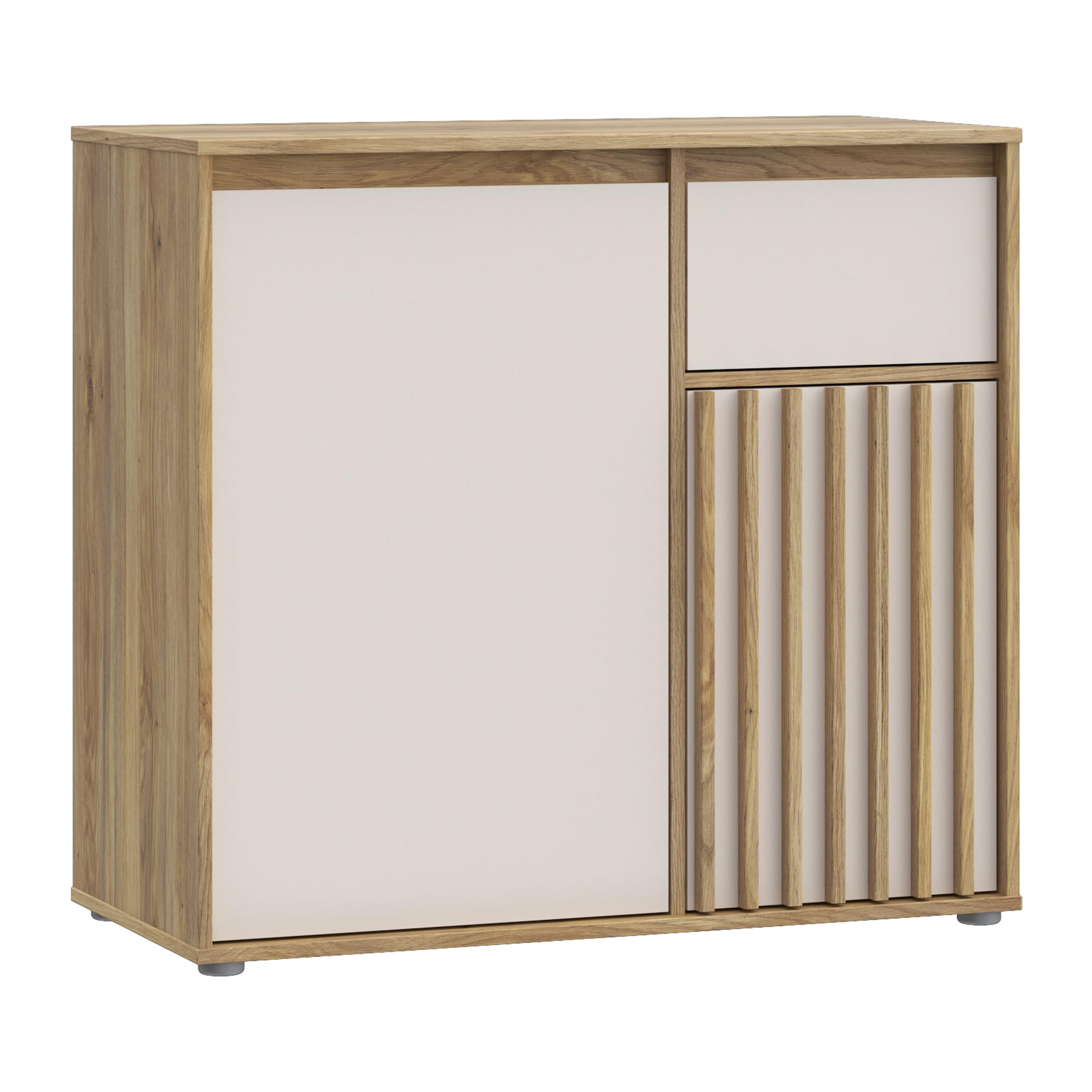 Forte ELISTON Kommode 90, Moderne Kommode mit Lamellendesign, 2-türig, 1 Schublade, Wohn-/Schlafzimmer, Mauvella Eiche Holzdekor|Kashmir Beige, 89 cm breit x 81,7 cm hoch x 41,5 cm tief