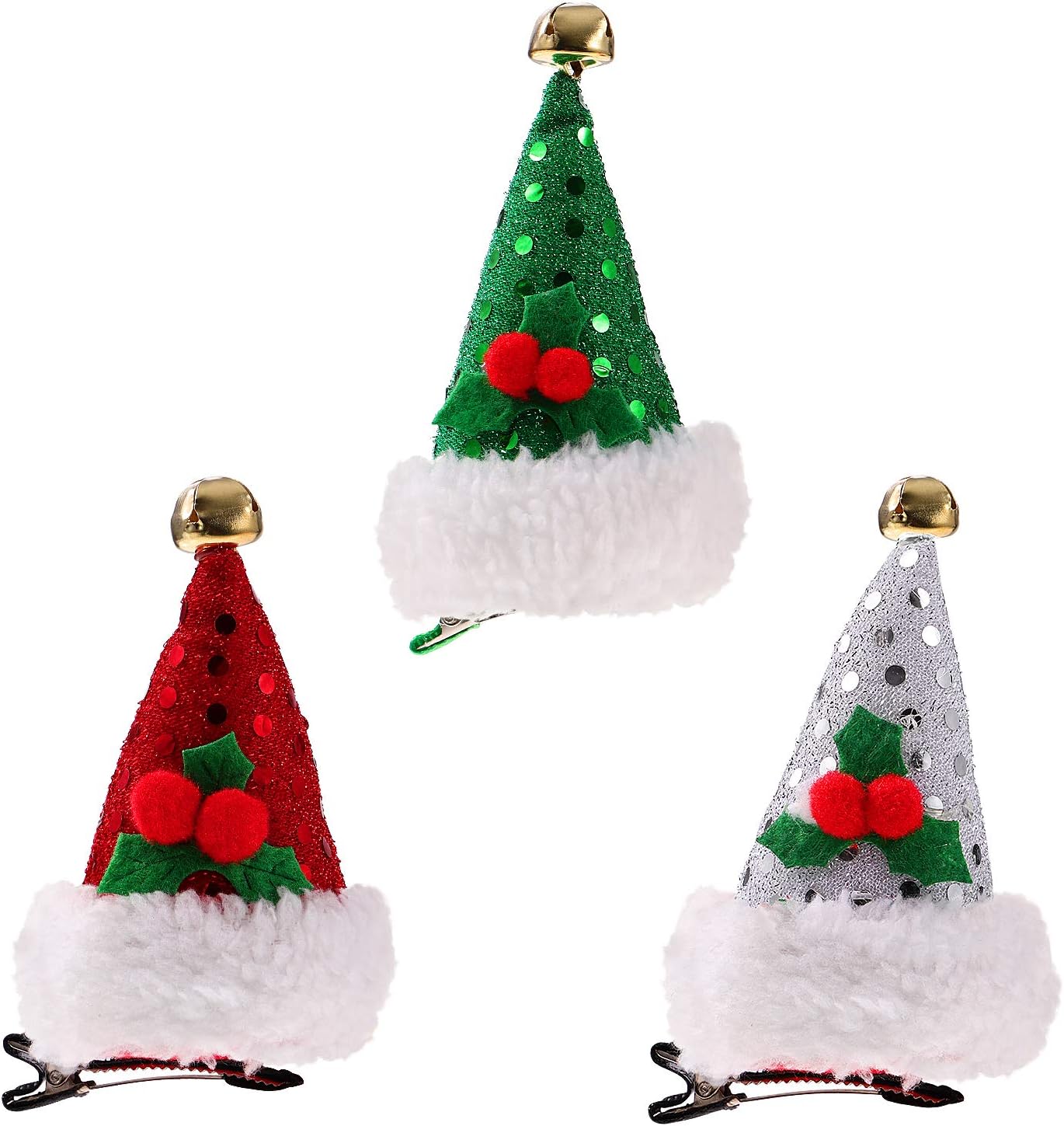 BeauprettySanta Hat Hair Clips Sequin Minni Hat Hair Pins with Bells Lovely Christmas Plush Hair Barrettes for Girls Women, 3pcs