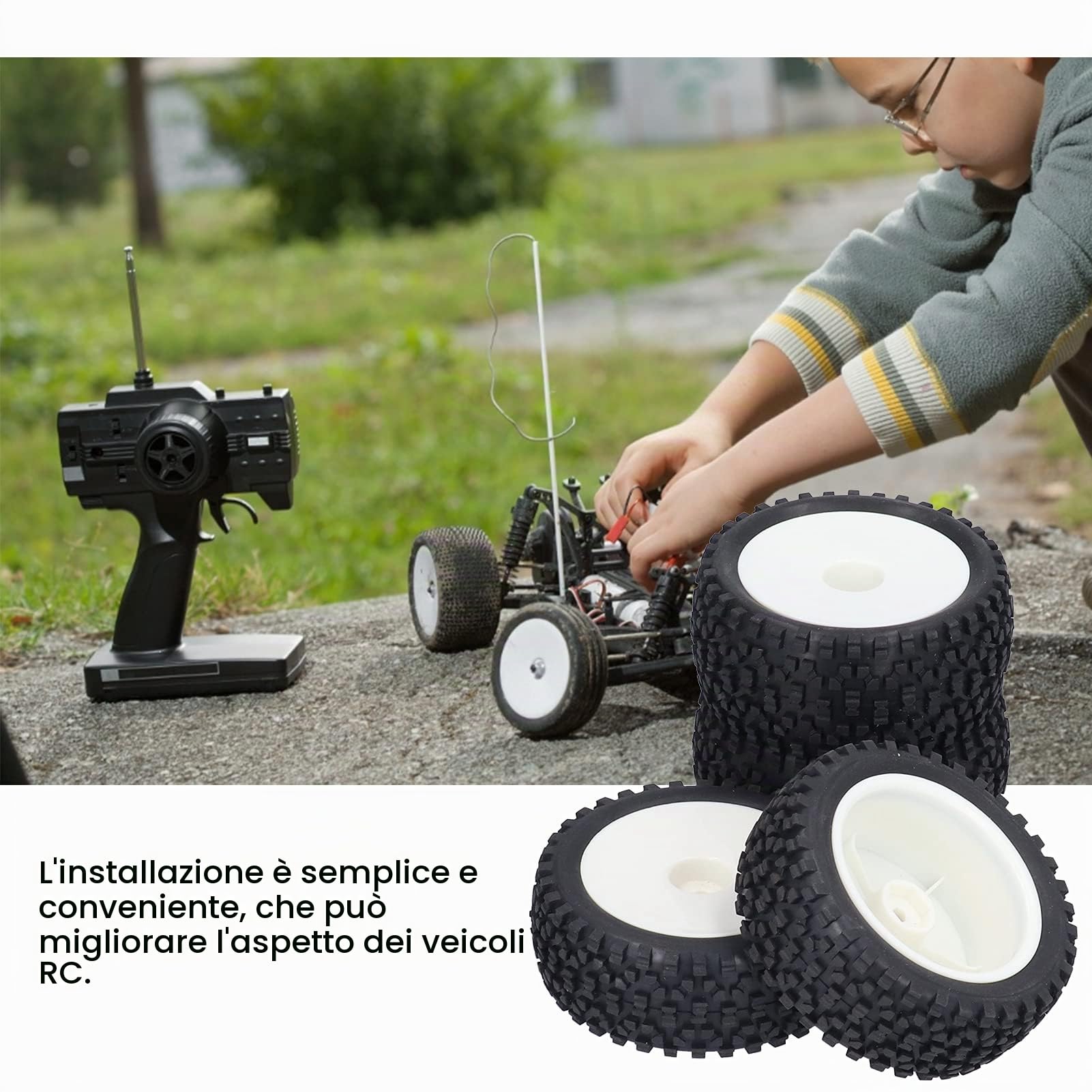 Set 4 Pezzi Pneumatici RC 1/10, Ruote in Gomma per Auto da Corsa e Buggy Telecomandati, Mozzi Ruota ad Alta Resistenza, Sostituzione Professionale per Modellismo, Grip Ottimale, Nero