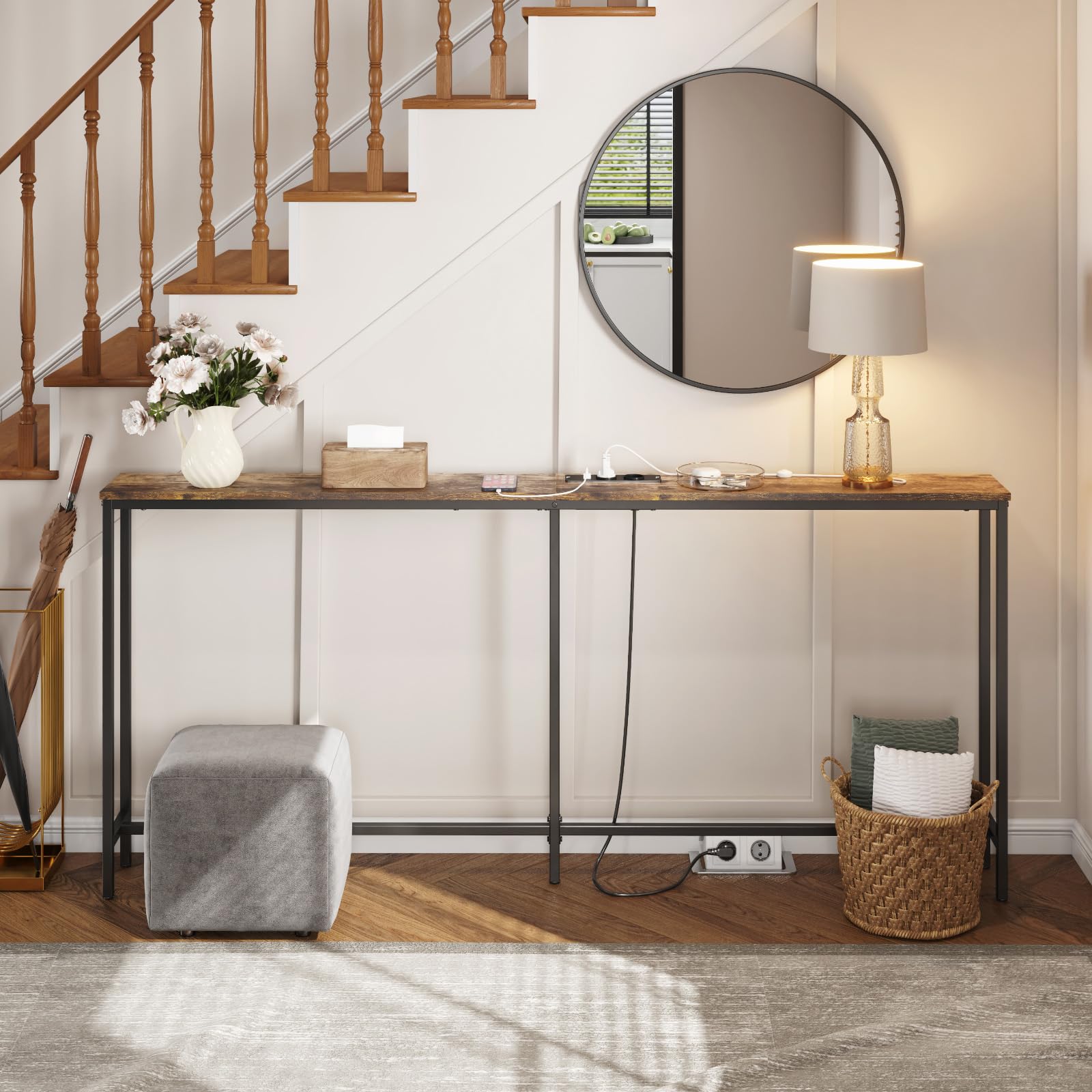 Lifewit Consolle Stretta 180cm con 2 Prese e Porta USB per il Soggiorno, Tavolo da Ingresso Industriale, Ingresso del Corridoio, Corridoio Dell'ufficio, Dietro il Divano, 180x20x80cm, Marrone Rustico