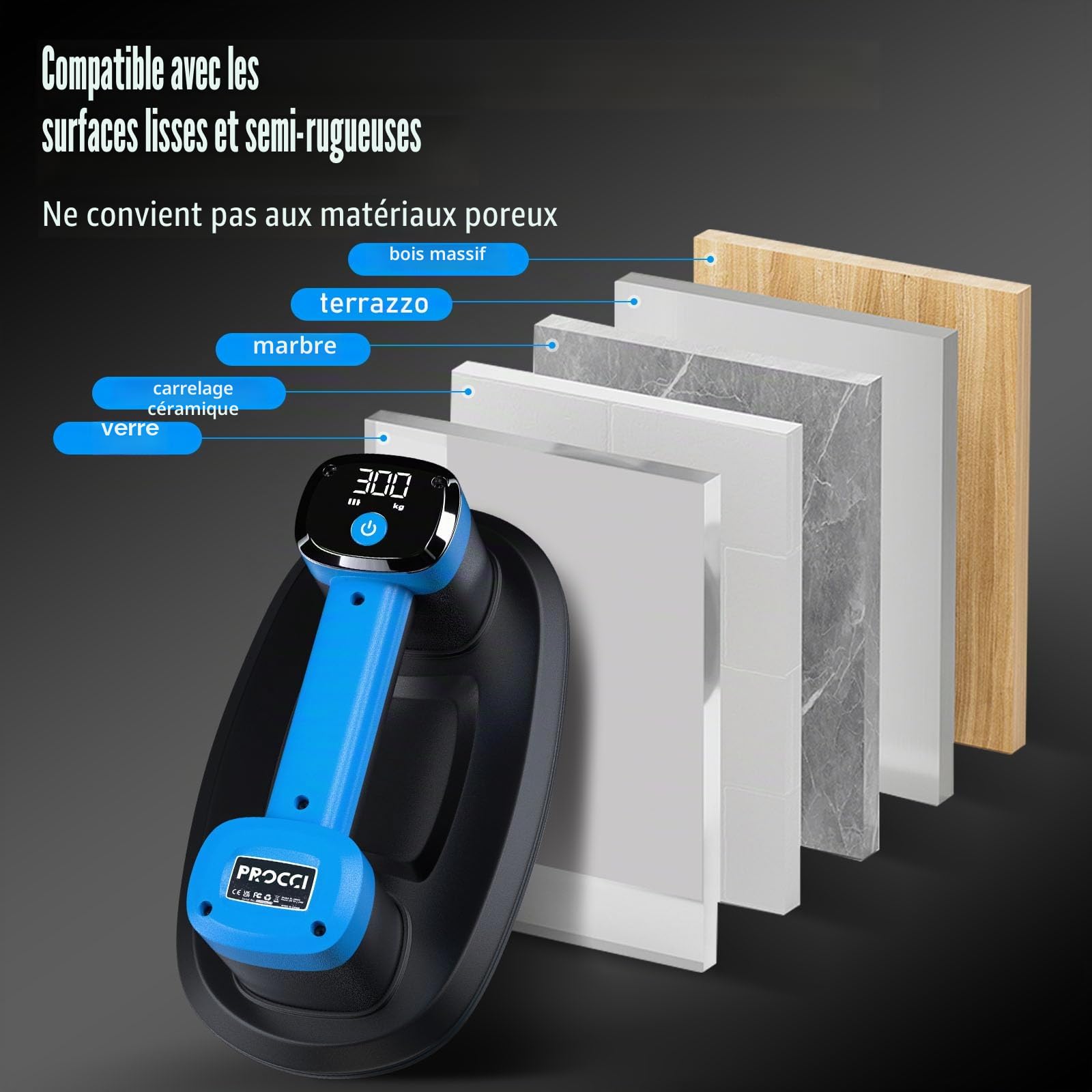 Ventouse à Batterie pour Carreaux, Verre, Marbre – 2 Moteurs, 300 KG de Succion, Écran LCD, Batterie 4500 mAh, 26 cm – Pour Surfaces Lisses et Légèrement Texturées, Autonomie Jusqu’à 12h