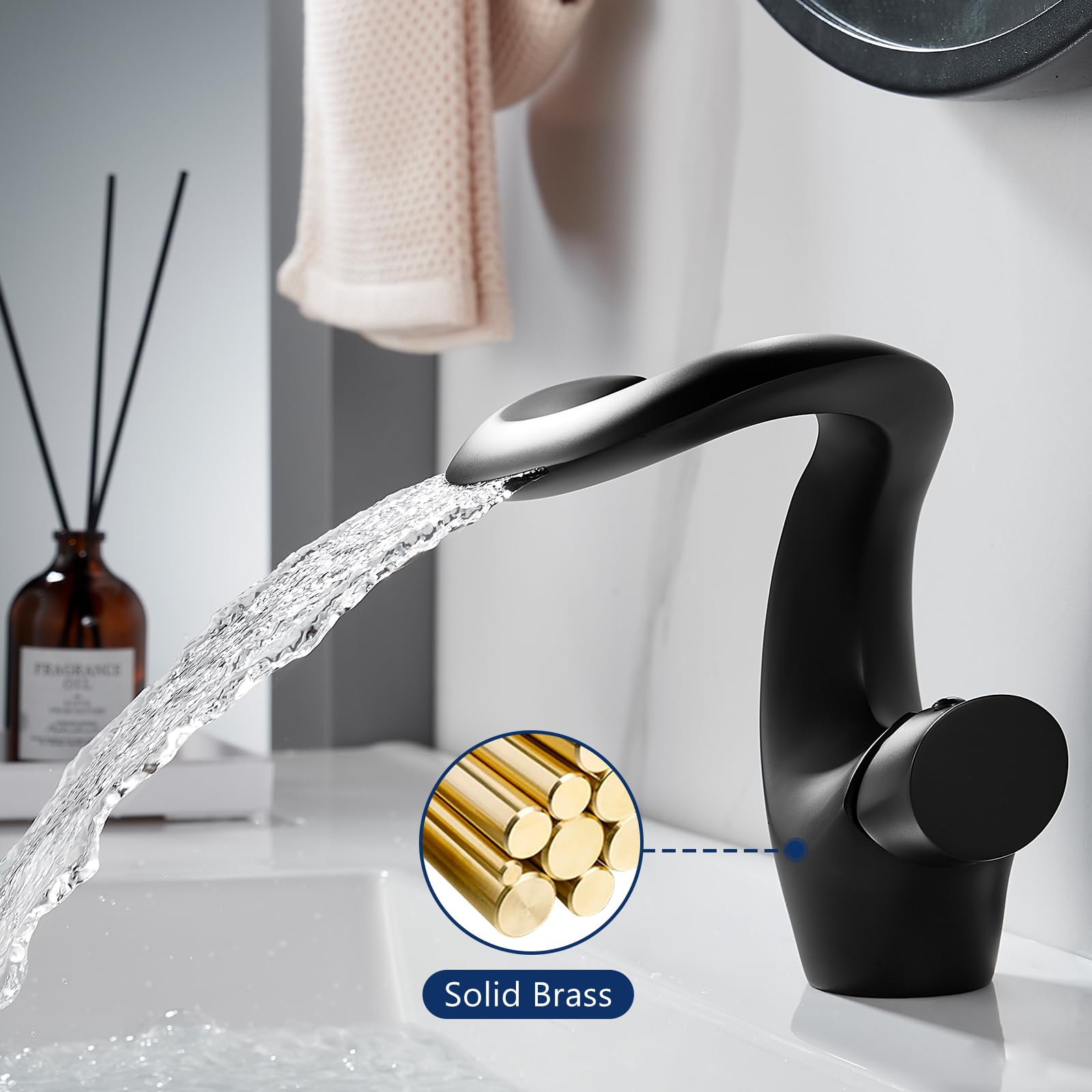 Grifo Negro Mate para Lavabo, Cascada, Mezclador Moderno y Elegante, Frío y Caliente