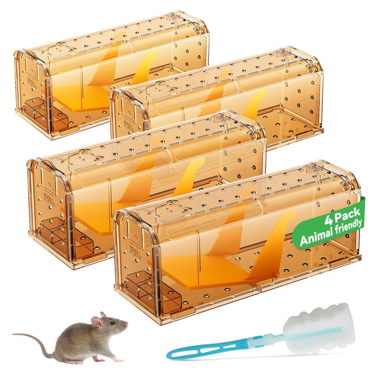 KENNEAS Humane Mouse Traps for Indoor Outdoor, Washable Cleaning Brush Included, Reusable Live Catch and Release, Field Mouse Catchers, Pets & Children Friendly, No Glue, Electric & Kill(4, Brown)