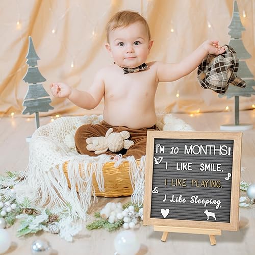 Miniatura 18 de Tablero de letras de fieltro – precortadas y clasificadas, 725 caracteres blancos y dorados, letras cursivas, grandes, cambiables con soporte, Gris