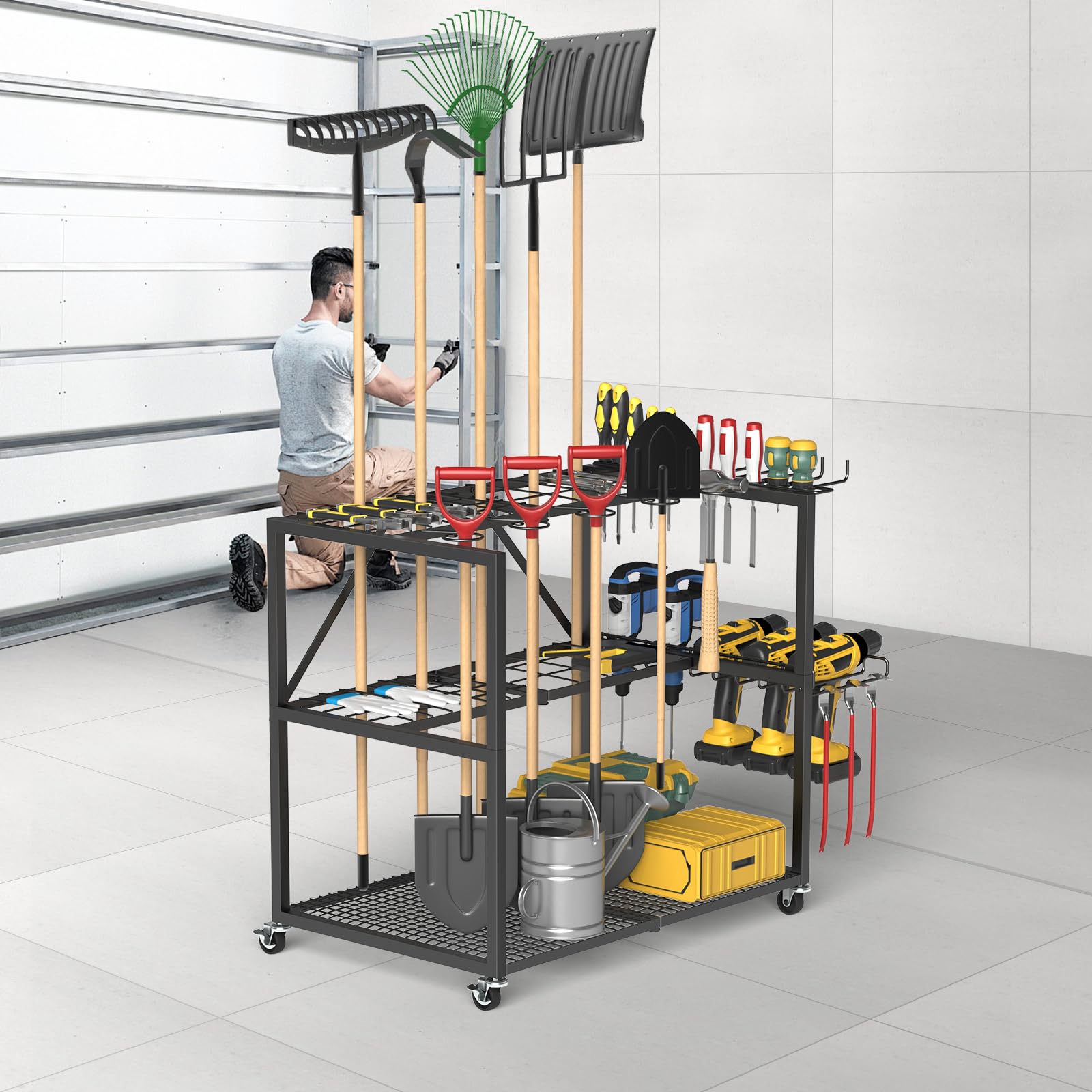 Garden Tool Organizer with Wheels, Garage Tool Organizer, Up to 50 Long-Handled Tools, 4 Drills Holder with 10 Hooks, 10 for Screwdrivers, 3 Tier Garage Tool Storage (31.5''D x 25" W x 16" H)
