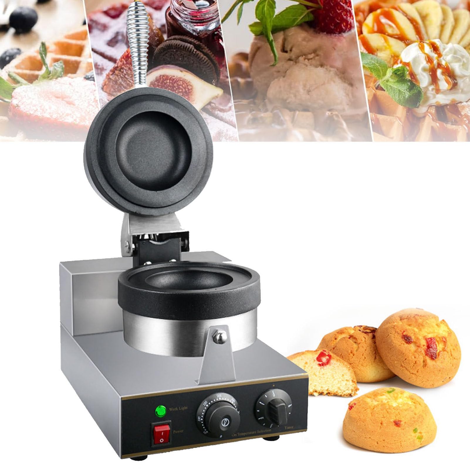 Hamburguesas Gofreras Redondas 1300W, Máquina eléctrica comercial para hacer gofres y tartas de huevo con bandeja de goteo para restaurante, control de temperatura 50-300℃ placas antiadherentes
