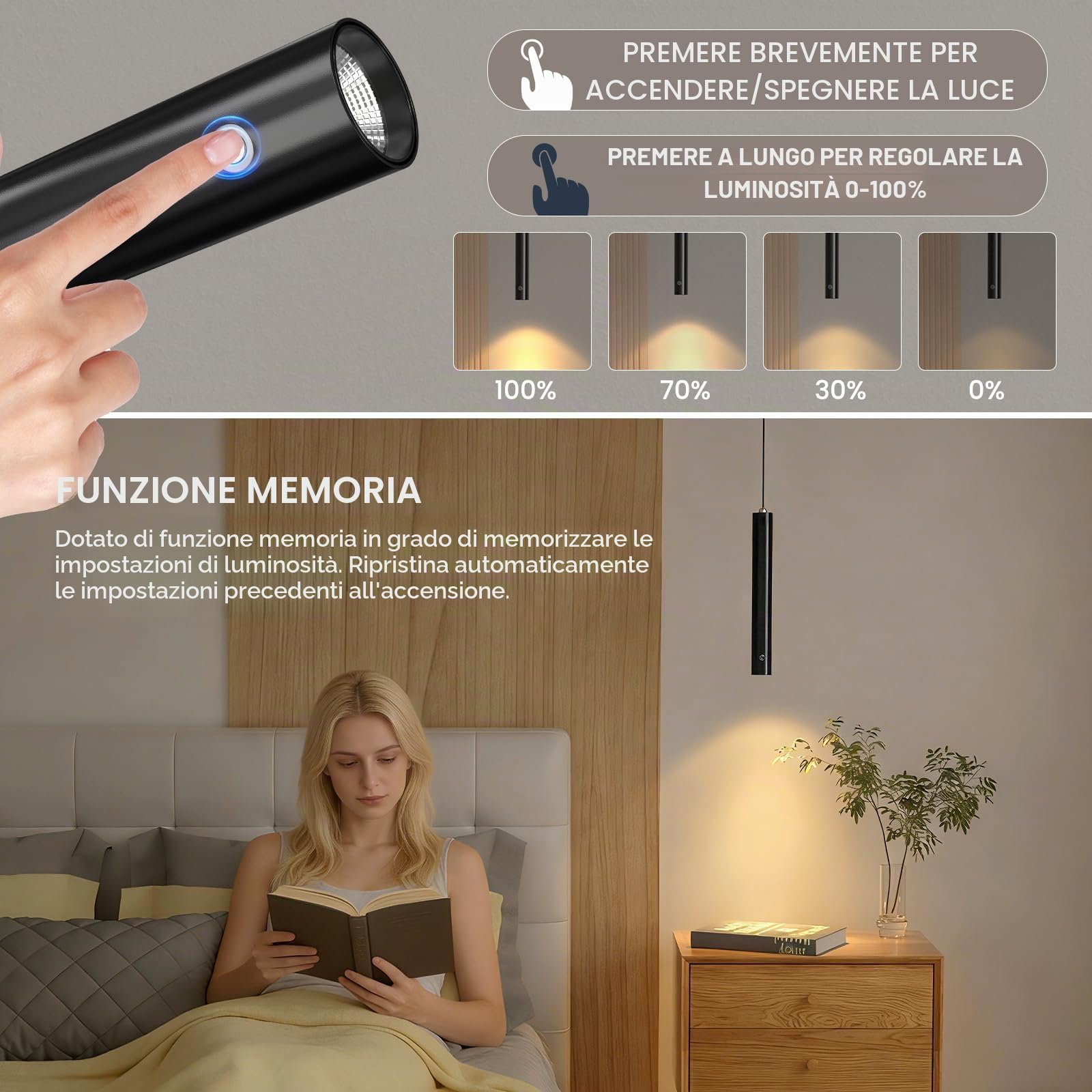 Lampada a Sospensione Ricaricabile LED,3W 3000K Lampada a Sospensione Camera con batteria da 3000 mAh,Dimmerabile Touch,1 pezzo Lampade a sospensione regolabili in altezza,per isola,comodino