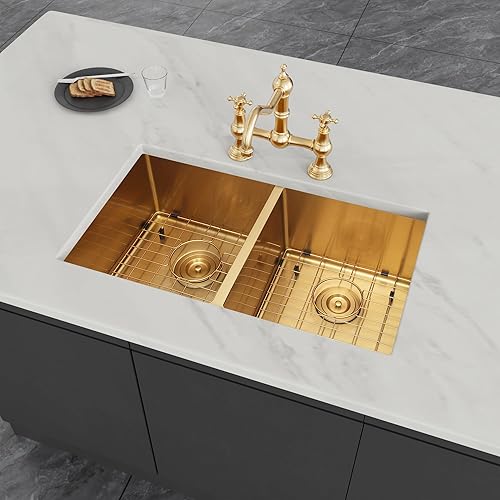 Miniatura 8 de LQS Fregadero de cocina de montaje inferior de 31 pulgadas, fregadero de cocina dorado, fregaderos de acero inoxidable con fregaderos, accesorios