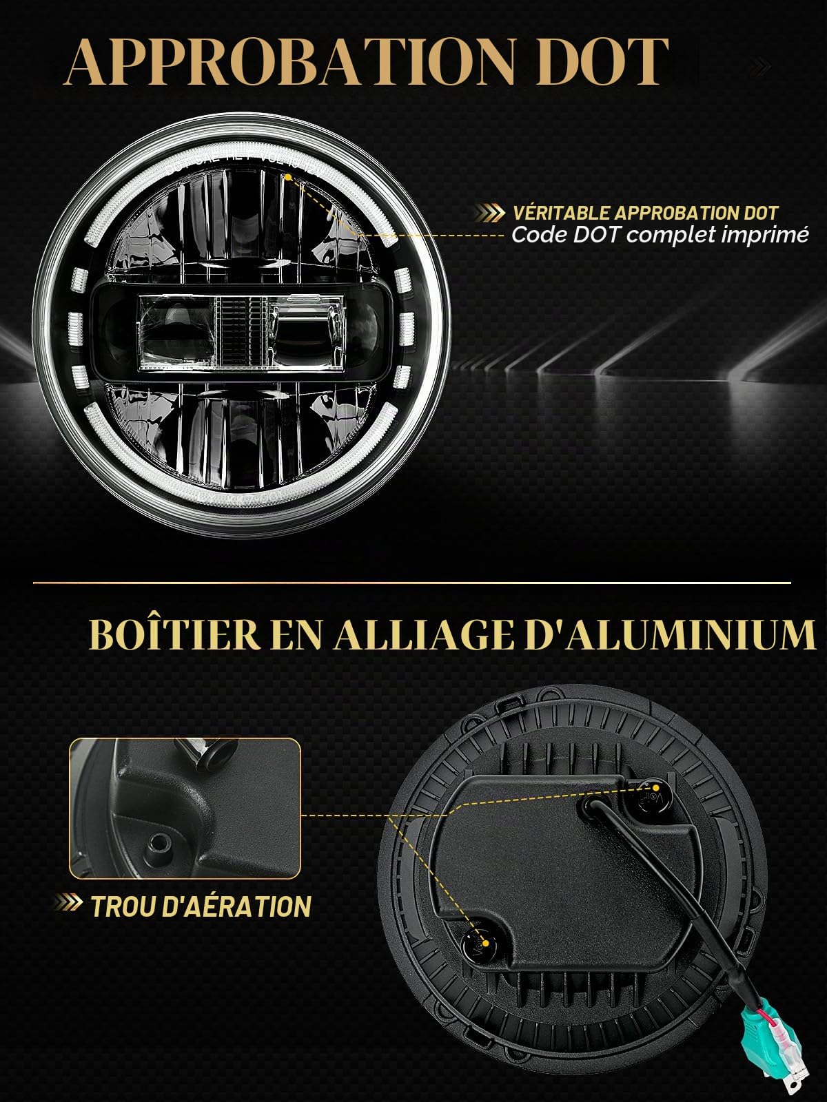 AUDEXEN Phares ronds à DEL plus lumineux de 17,8 cm, approuvés DOT avec feux de circulation diurne, feux de croisement et feux de route compatibles avec Jeep Wrangler JK JKU LJ CJ TJ 1997-2018 – Noir