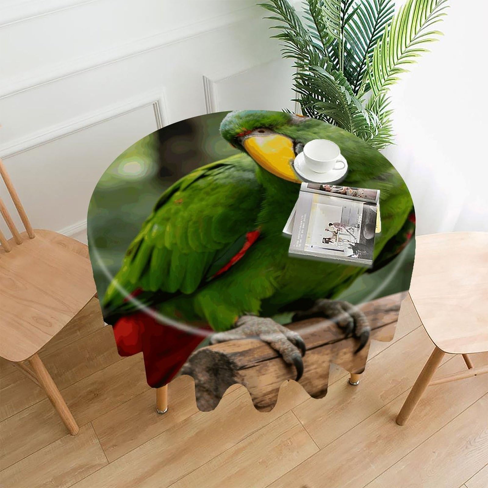 LZQPOEAS Green Feathers Fixed Their Gaze Tablecloth Easy to Clean Polyester Round Table Cover Washable Round Table Cloth Wrinkle-Free Circle Decoration Tablecloth for Kitchen and Dining Room 60"