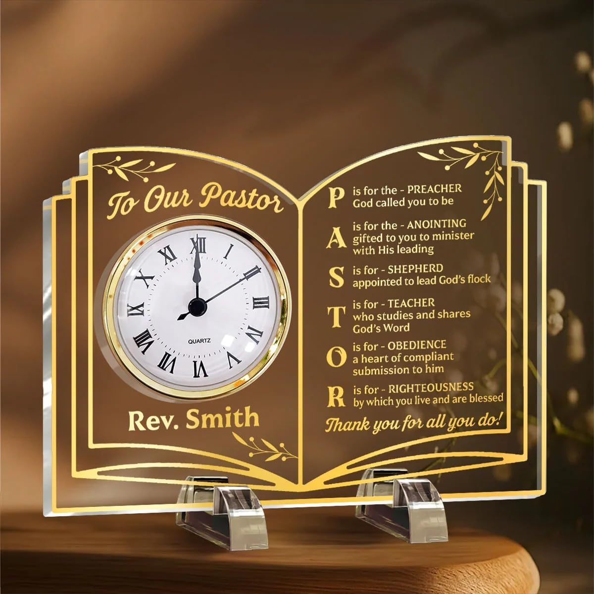 Thank You Pastor - Personalized Acrylic Desk Clock, Pastor Appreciation Gift, Pastor Gifts for Men Women, Thank You Presents for Pastor Preacher, Religious Christian Desk Decor