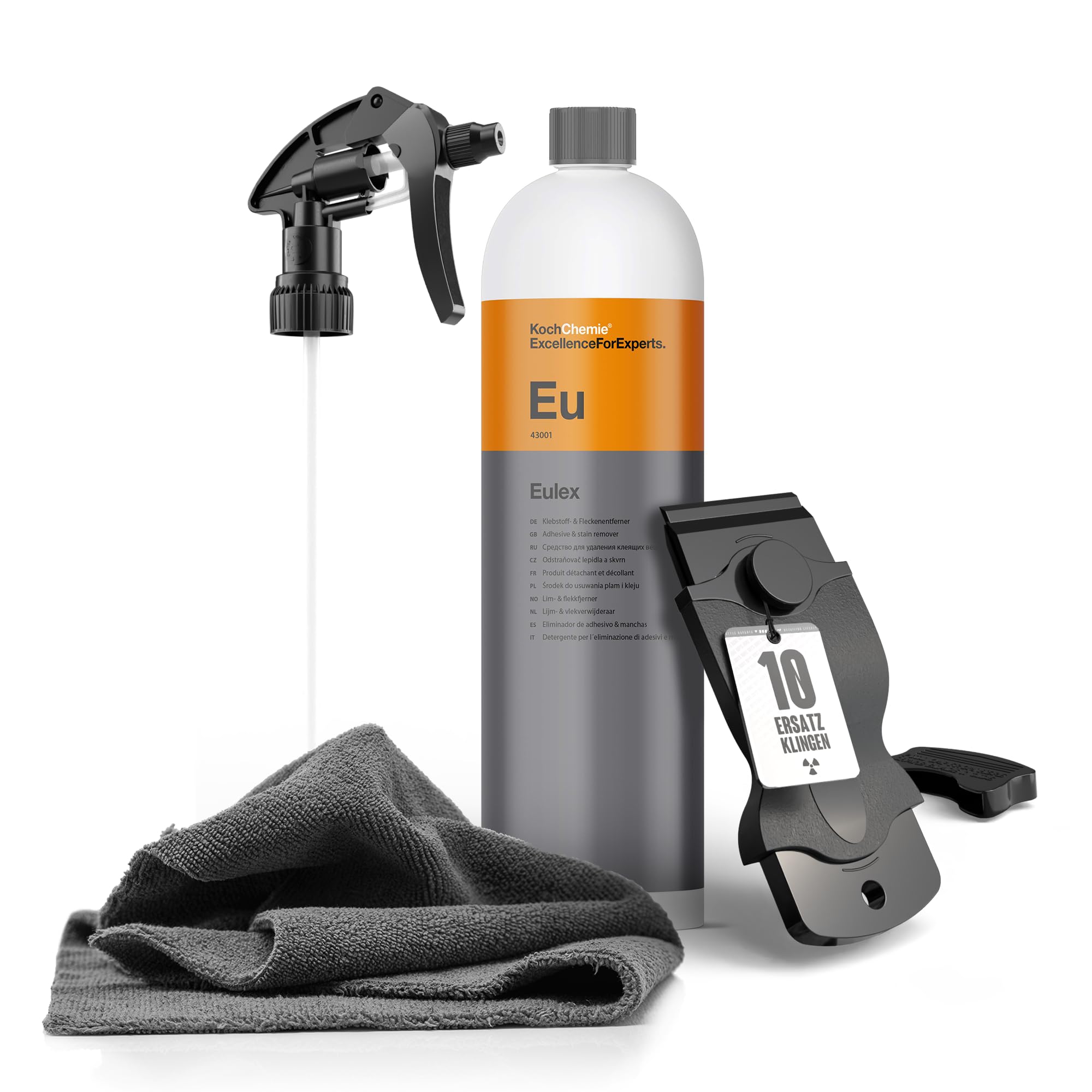 Koch Chemie Eulex Kit de détachant de colle 1 l + tête de pulvérisation + chiffon microfibre + grattoir en plastique Nuke Guys avec 10 lames interchangeables - Élimination efficace des résidus de