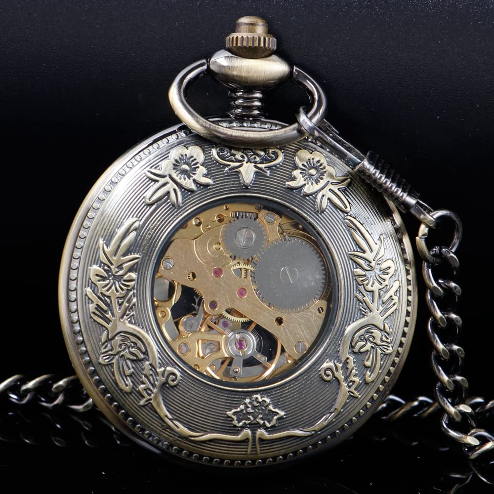 Tiong Montre de poche mécanique en bois de cuivre élégant avec cadran ouvert pour homme avec boîte à chaîne