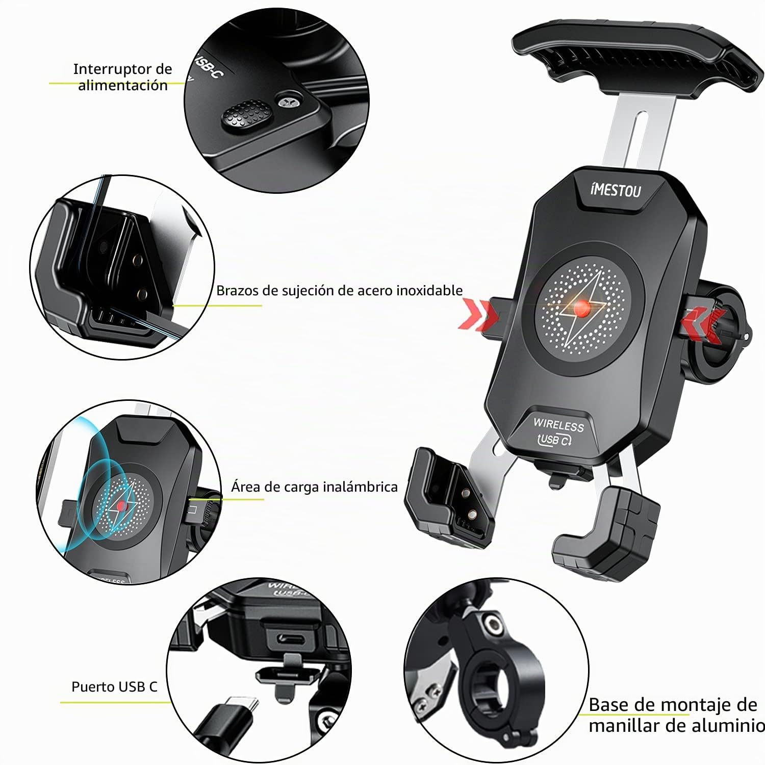 Teléfono Inalámbrico de la Motocicleta Monte USB C 3.0 Cargador de Soporte de Teléfono QI 15W por Cableado/Enchufe a USB Una Base de Manillar de Aluminio de Zócalo para Teléfonos Celulares de 4 "-7"