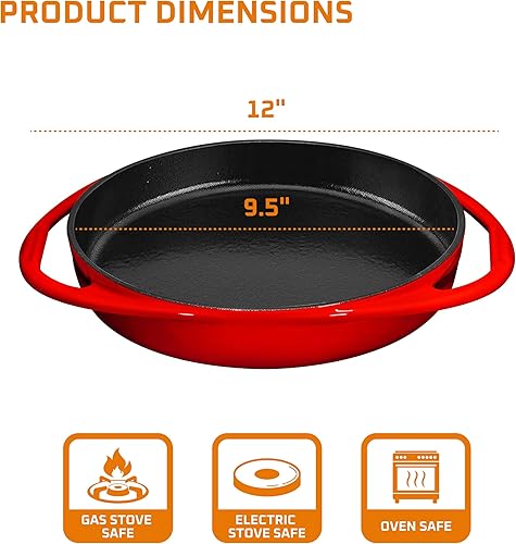 Miniatura 3 de Bruntmor Sartén de hierro fundido esmaltado rojo de 9.5 pulgadas, apta para horno, bandeja para pizza con asas dobles, bandeja para pasteles para