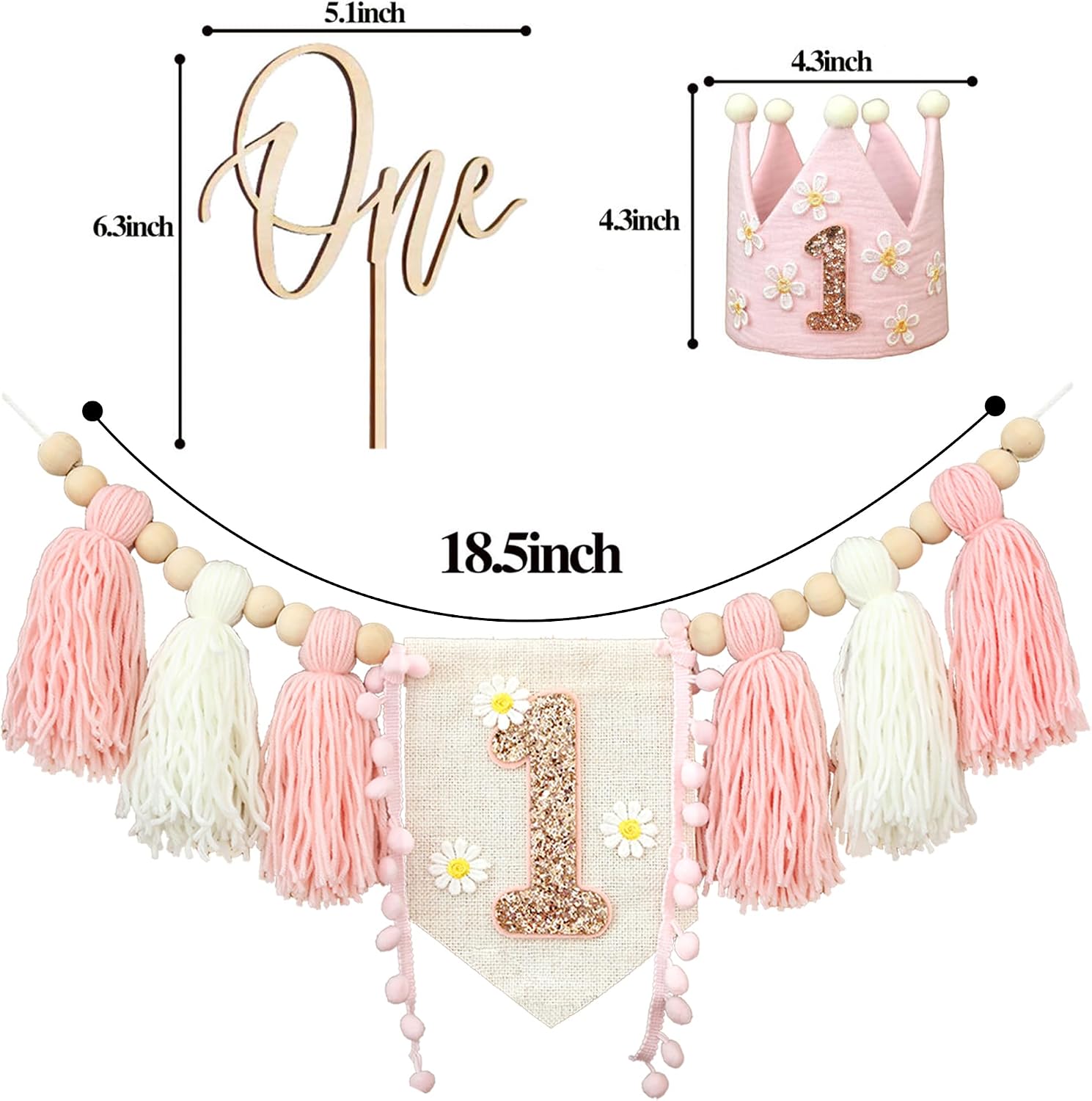 Boho Daisy Highchair Banner 1st Birthday Decorations Girl for First Birthday Decorations Set with Handmade Cake Topper Crown Hat image 5