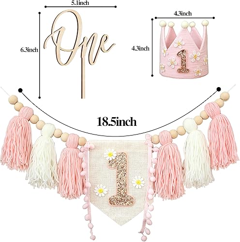 Miniatura 6 de Juego de decoración de primera fiesta con diseño de margaritas bohemias para silla de bebé, decoración de primera fiesta con adorno de pastel hecho