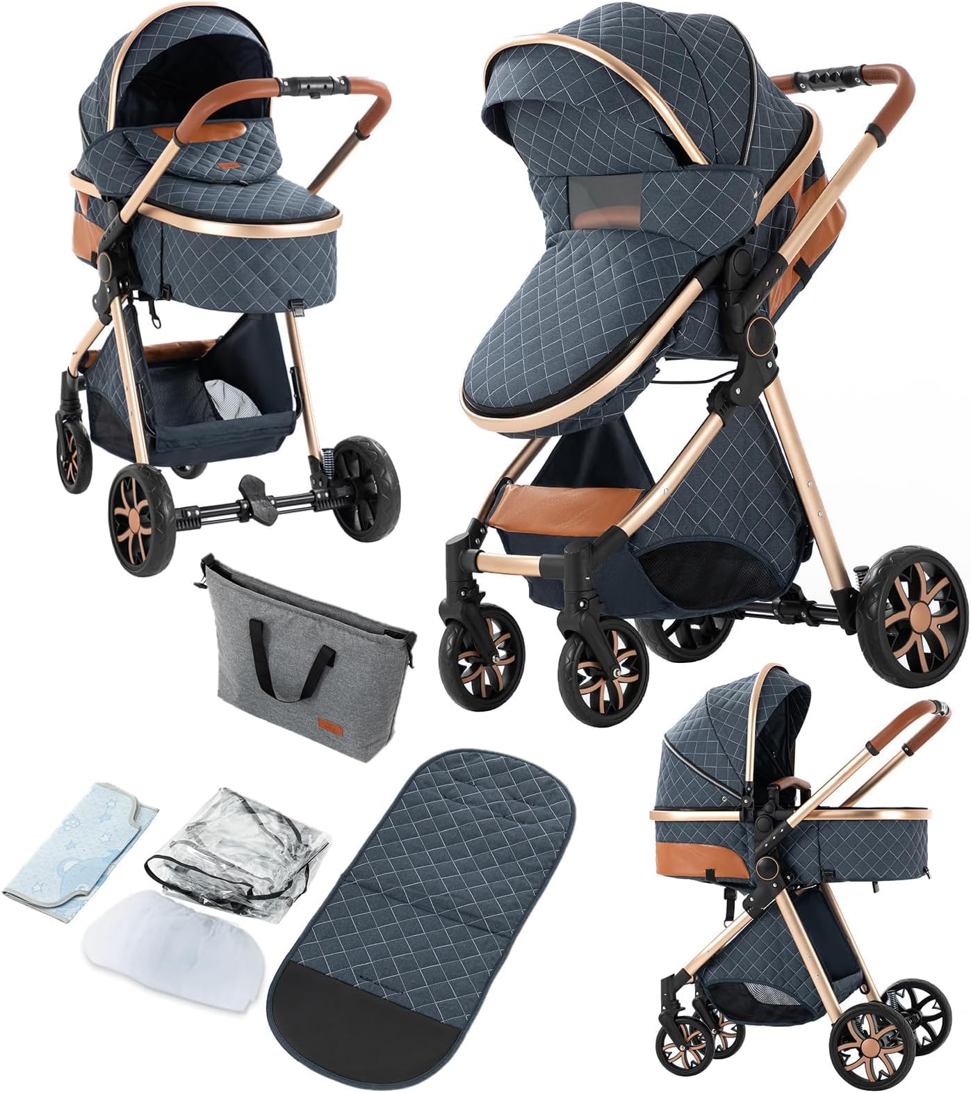 2 in 1 Baby Stroller, Convertible Pram, Reversible Standard Stroller, Portable Baby Buggy, Infant Carriage, Foldable High Landscape Pushchair for Toddler Newborn (225 Blue)