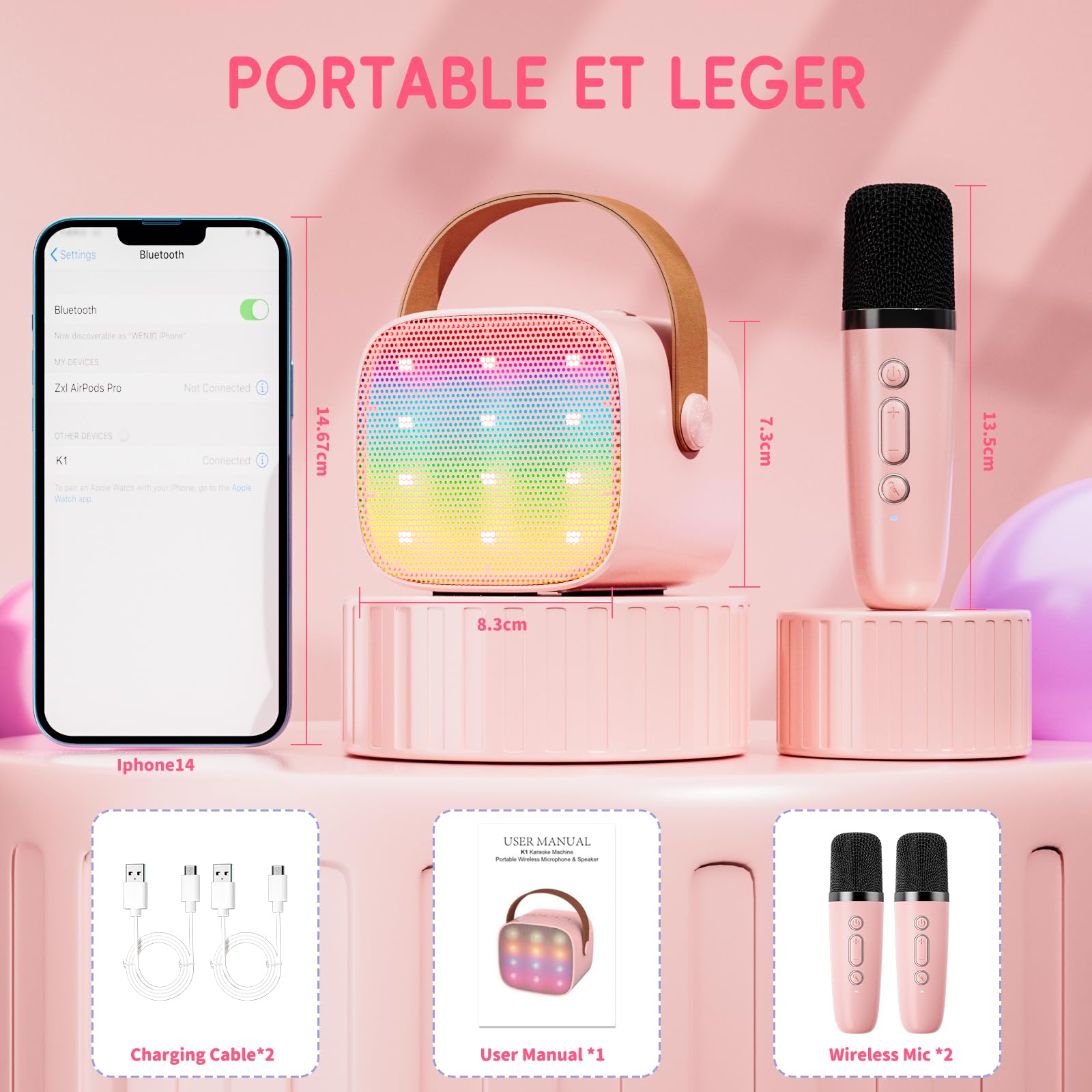 Ankuka Karaoke Enfants avec 2 Micro sans Fil Portable, avec Magique Voix Change et LED Lumière Qualité Sonore HiFi Mini Microphone pour Enfant Adulte Fille Rose
