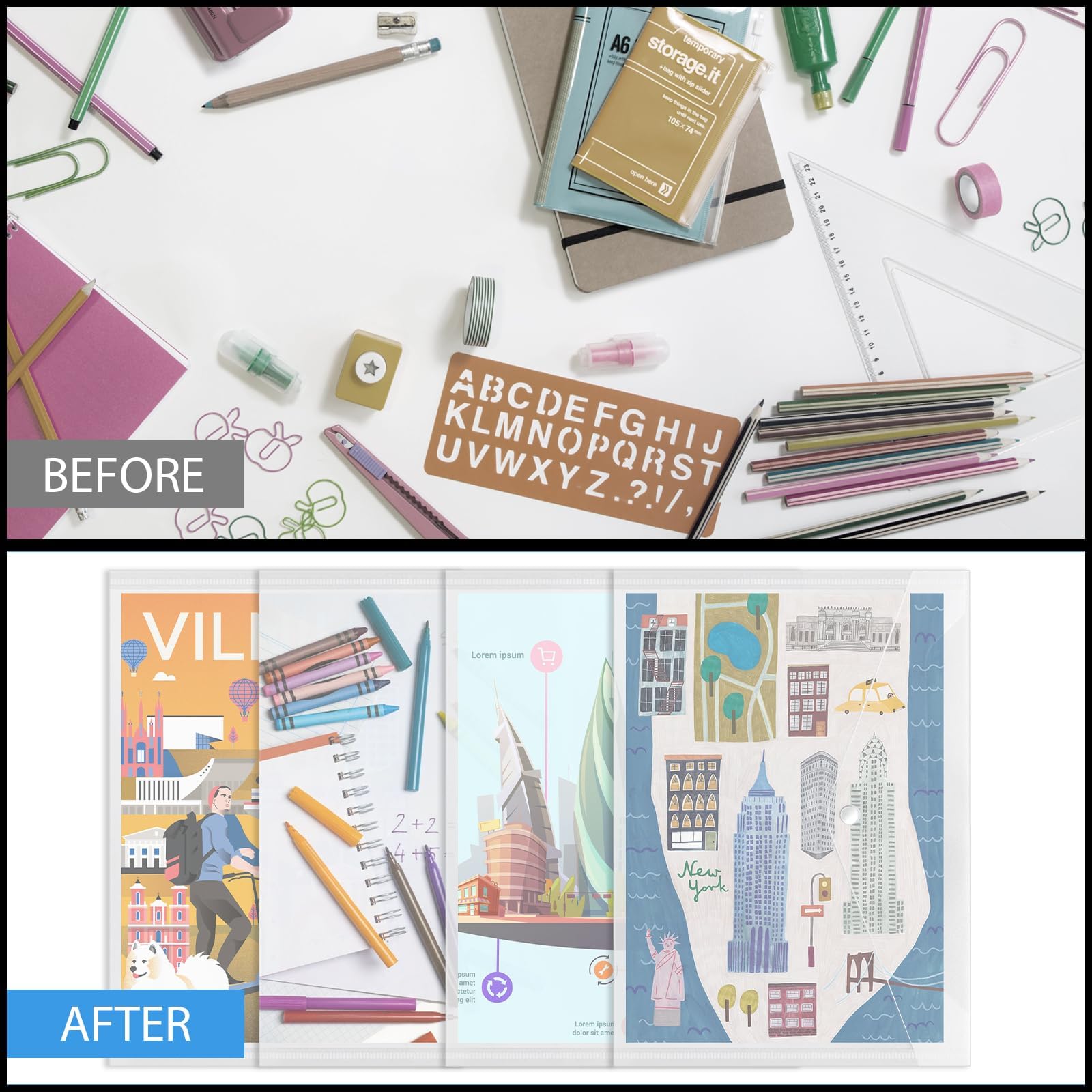 ASelected Pack de 60 Fundas Plástico A4 Transparentes con Botón a Presión, Portadocumentos A4 y Carpeta Plástico Mate, Sobres Transparentes para Oficina, Hogar y Escuela