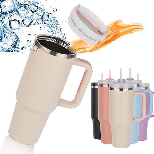 YTTL Vaso de 40 onzas con asa y popote, vaso aislado de 40.6 fl oz, reutilizable, acero inoxidable, aislamiento térmico, vaso a prueba de fugas,