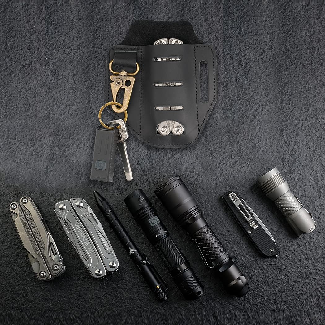 VIPERADE PJ9 Plus Multitool Sheath, Flashlight Holster with Key Holder, Multitool Pouch for Men, Pocket Organizer Men Leather Sheath for Multitools, Flashlights, Tactical Pens (Dark Black)
