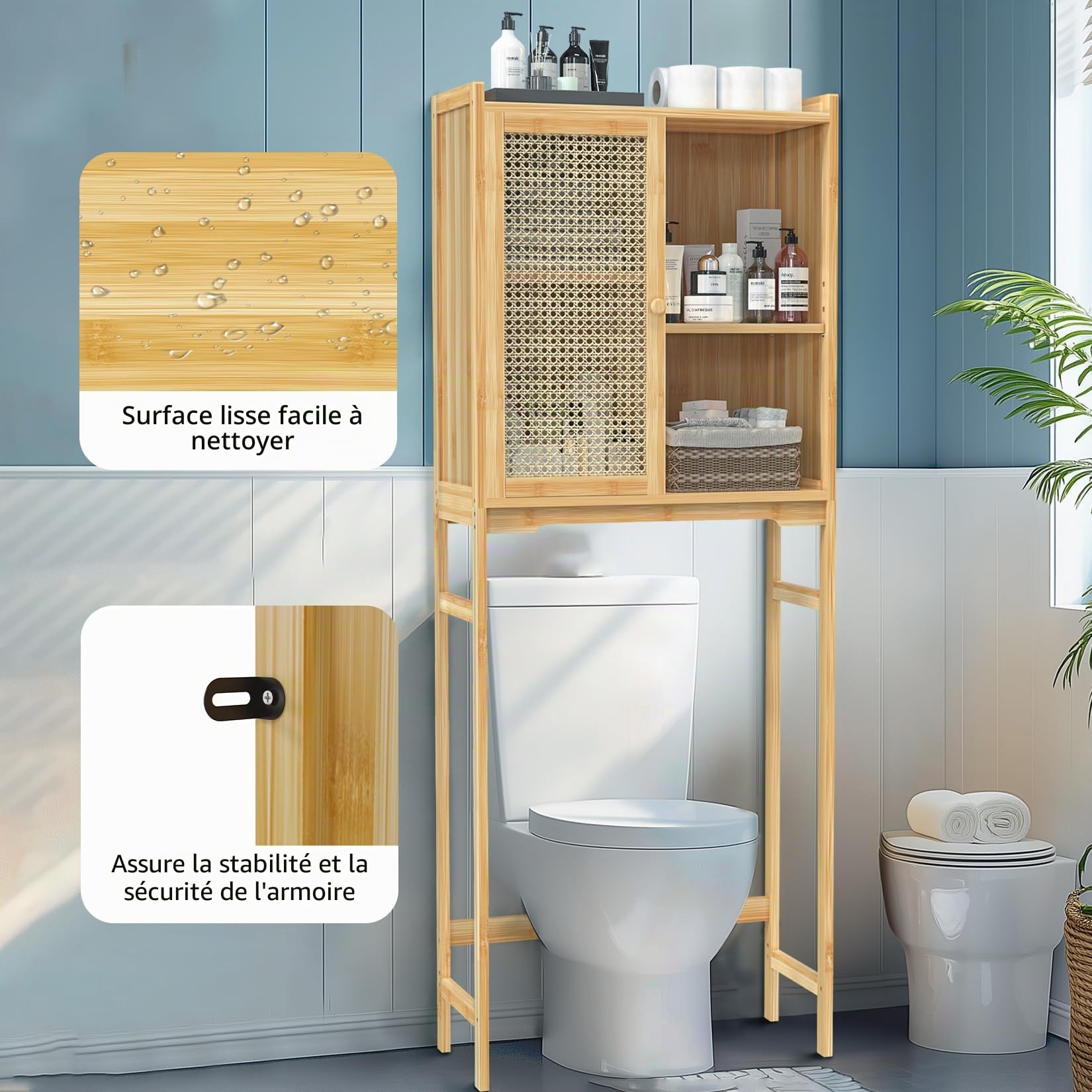 unho Meuble de Rangement au-Dessus des Toilettes: Organisateur en Bambou à Portes Rotin Placard Toilette WC avec Étagère Réglable Intérieure - 60x26x156cm