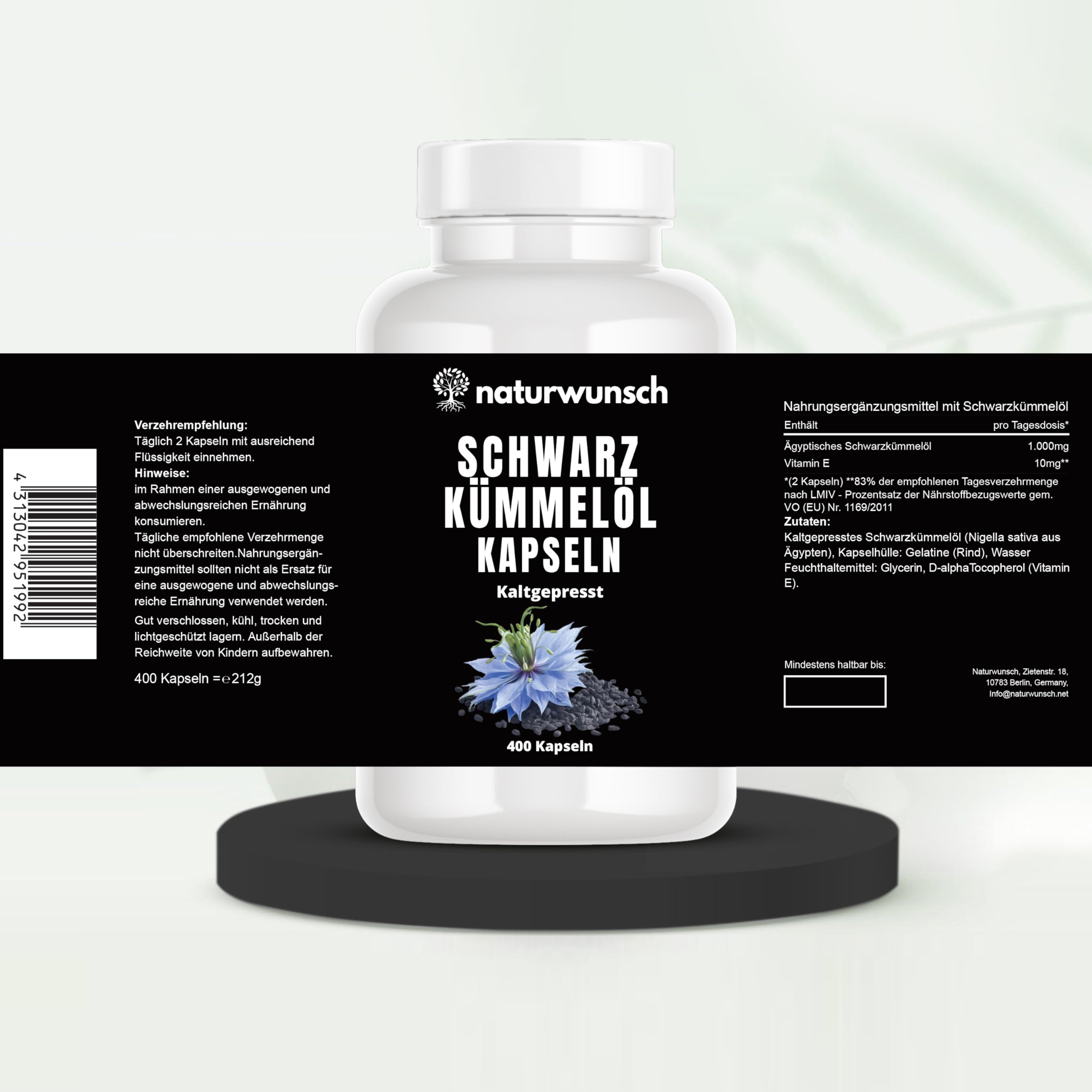 naturwunsch Schwarzkümmelöl kaltgepresst - 400 Kapseln Nigella sativa, Mühlenfrisch in Deutschland hergestellt - 1000 mg Tagesdosis für 6,5 Monate