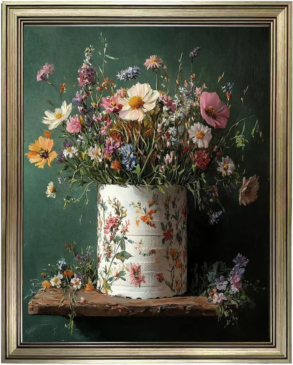 lianyibo Vintage Bathroom Wall Art Toilet Paper Roll With Flower Bathroom Picture Living Room Wall Decor Moody Print Painting(70x110 /Frameless)