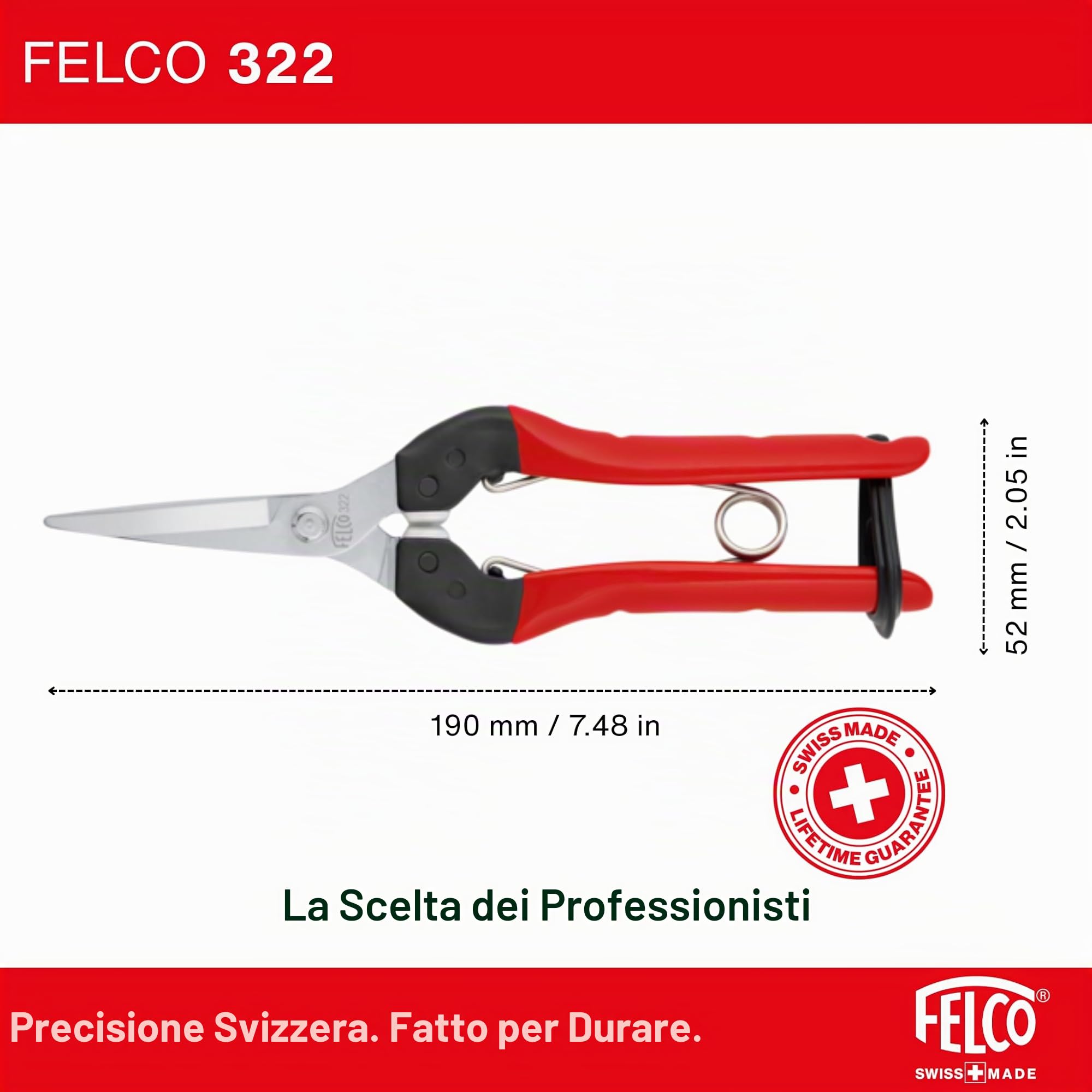 FELCO 322 cesoia da raccolta a lungo raggio, lama cromata 46 mm, taglio 10 mm, manici in acciaio ergonomici, ammortizzatori in poliuretano, utensile leggero 190 mm