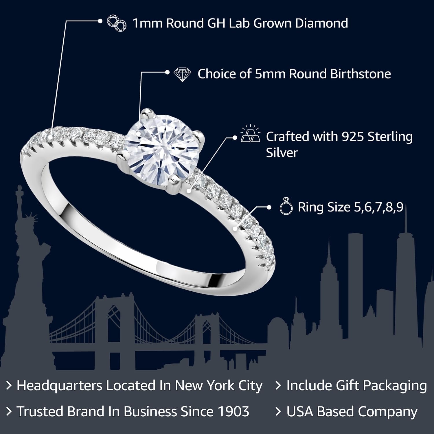 Gem Stone King 925 Sterling Silver Build your Own Personalized 5mm Round Cut Gemstone Birthstone and White Lab Grown Diamond Engagement Wedding Anniversary Ring For Women