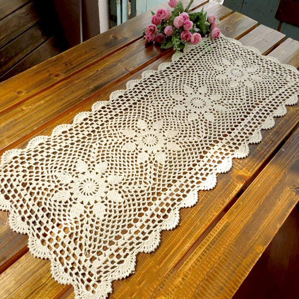 Hetao 16X35 100% Cotton Handmade Crochet lace Table Runners Oblong Tablecloth Doilies Doily,Beige