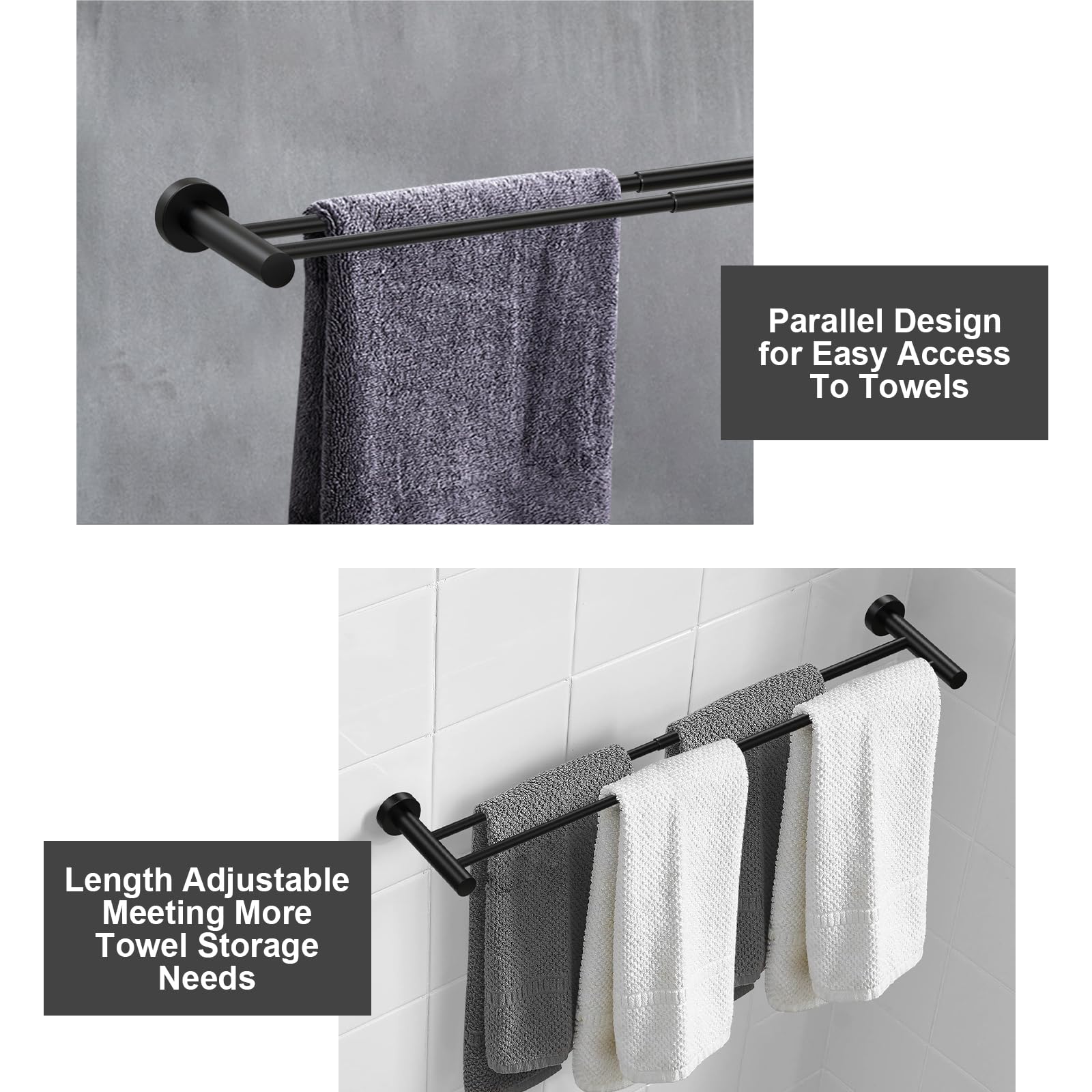 Toalleros Pared Toalleros Baño Toallero Barra Toalla de Mano Toallero Ajustable Retráctil 43-72CM para Montar en la Pared, toallero de Barra para Cocina, baño, Inodoro, Negro (Barra Doble)