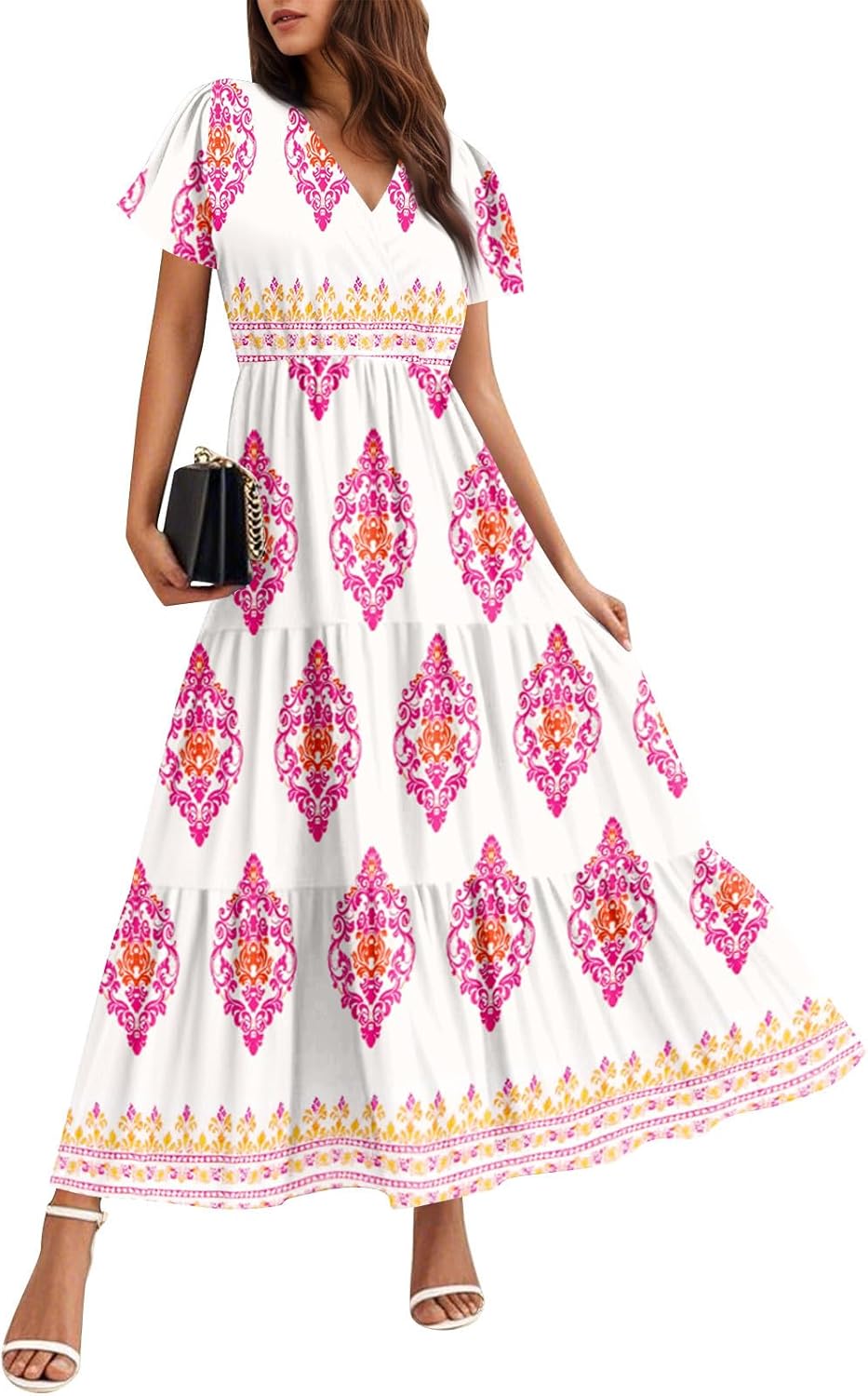 Garden Party Dresses Women Short Sleeve Wrap Neck Tiered