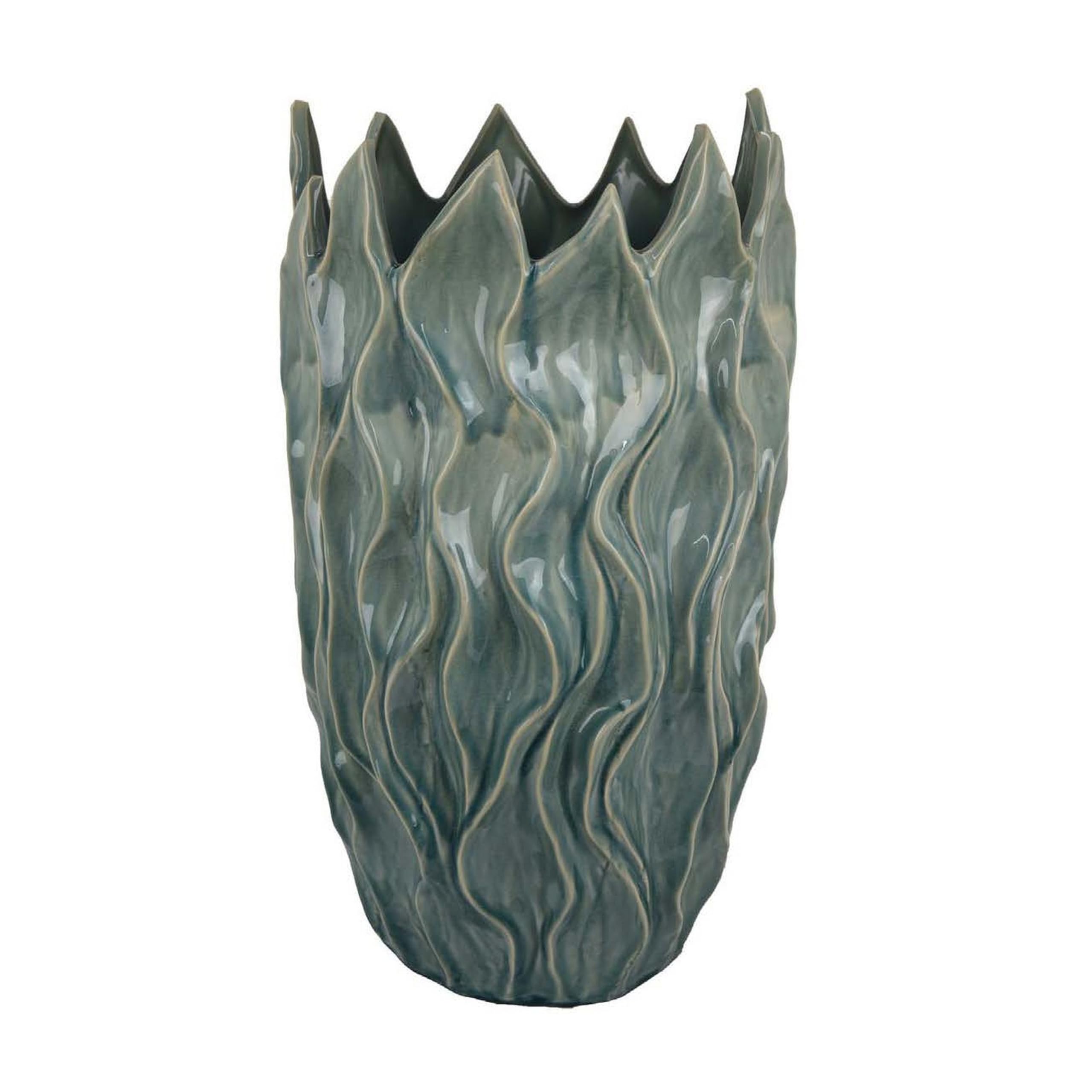 Benjara Esen Decorative Vase, Abstract Wave Design, 22 Inch Green Ceramic