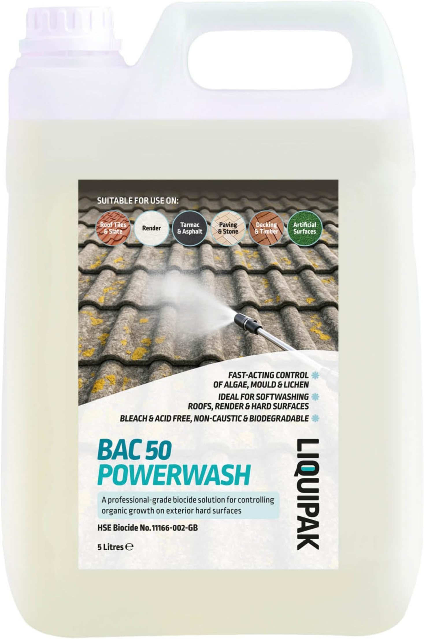 Liquipak BAC 50 5L Benzalkonium Chloride Concentrated – powerful outdoor cleaner for roof cleaning, soft washing, patios, decking, paths & general exterior cleaning.