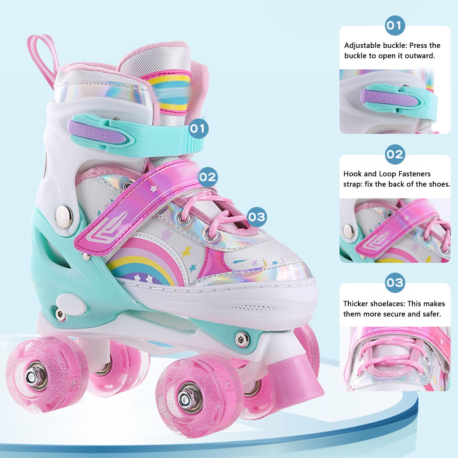 Patines De Ruedas con Iluminación Ajustable Cuádruples Doble Row Correas con Hebilla Cierres Gancho Y Bucle Cordones Antideslizantes con Diseño Cierre Múltiple para Patinar