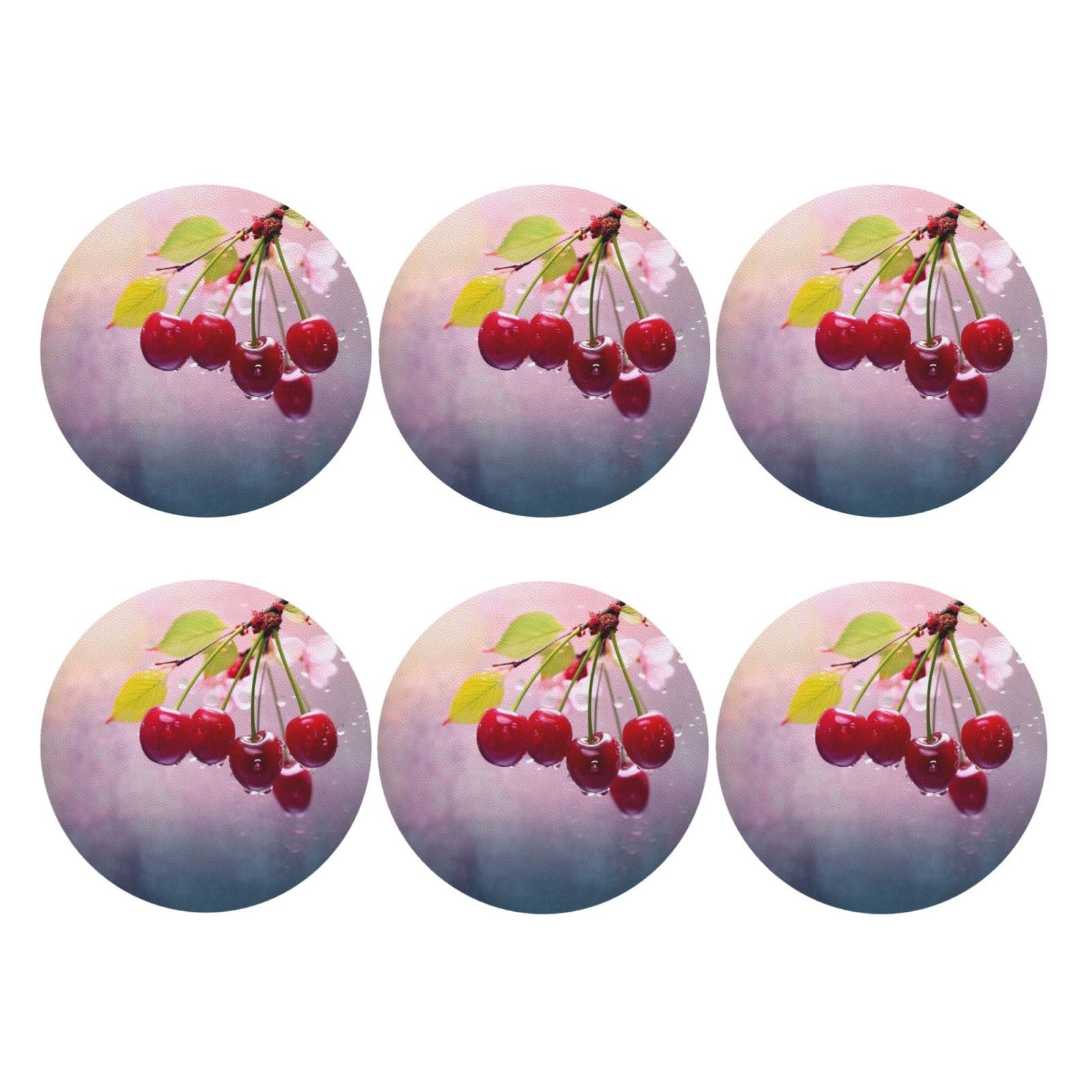 6pcs Leather Coasters for Drinks, Cherry Drink Coasters for Tabletop Protection, 4" Cup Coasters for Coffee Table Decor, Non-Slip Drinking Cup Mat for Hot Or Cold Drink