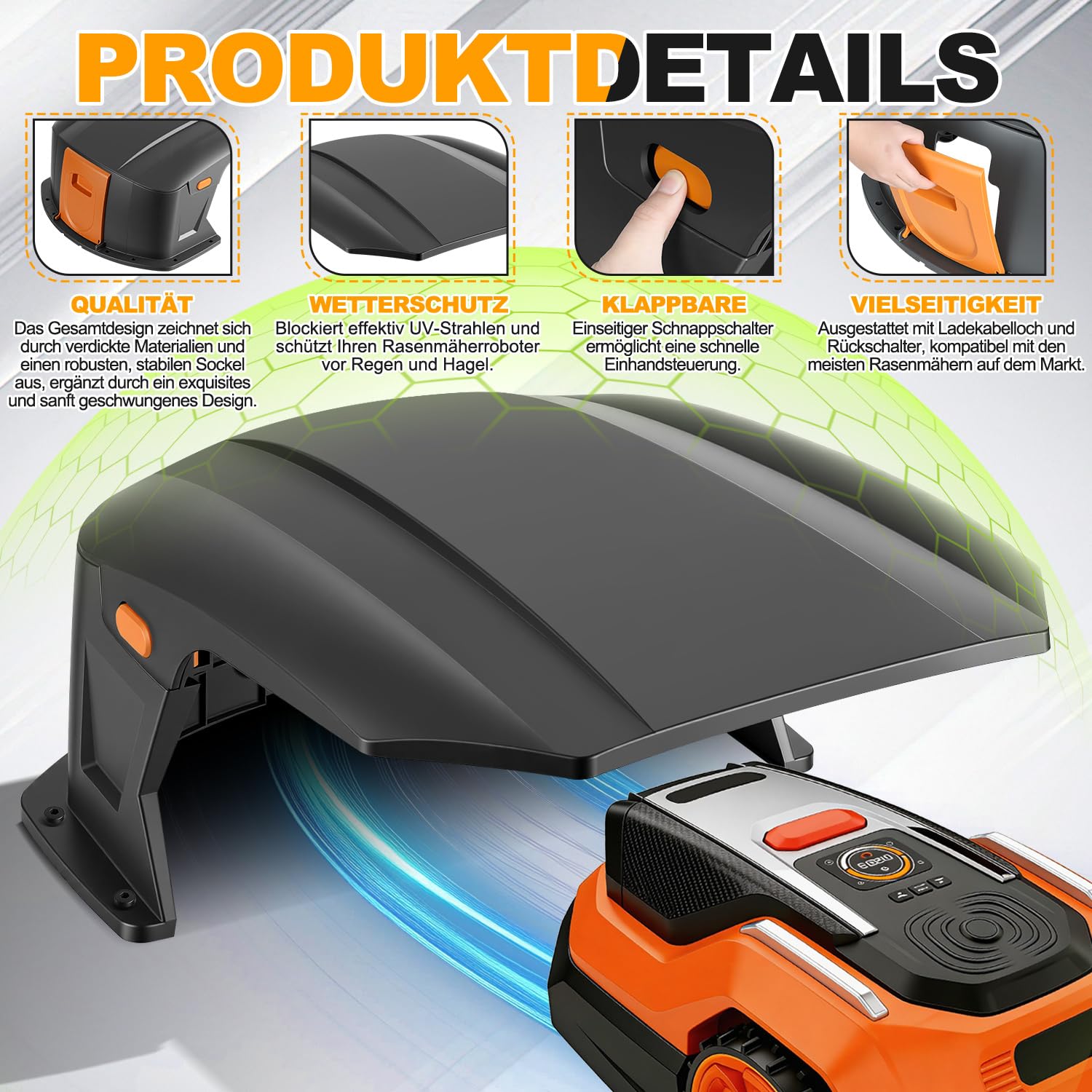 Garaje para robot cortacésped de ABS, 70,5 × 57 × 33 cm, cubierta impermeable para robot de césped y estación de carga, protección UV y lluvia, universal, incluye material de montaje