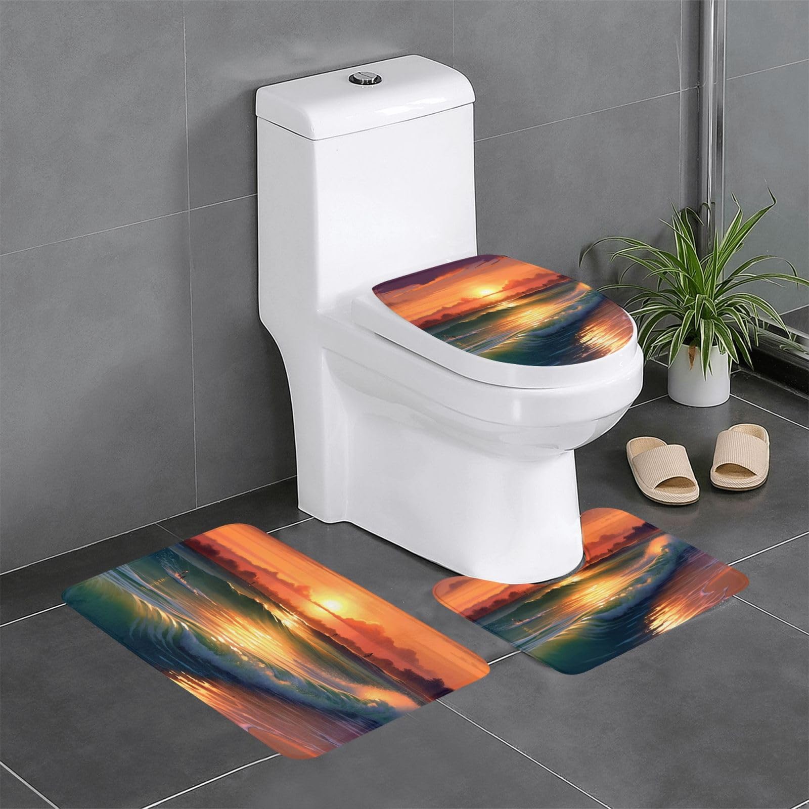 Tapis de bain 3pcs coucher de soleil sur la mer contre le sol froid et glissant