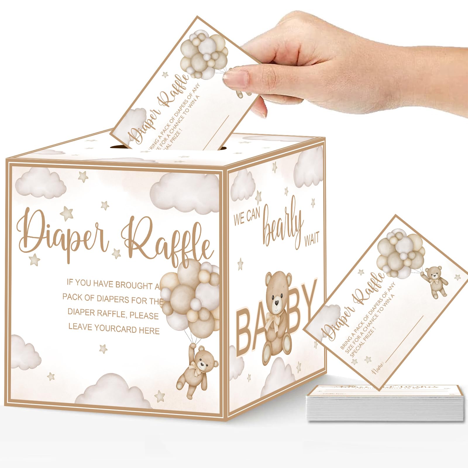 SZSHANN 51 Pcs Bear Diaper Raffle Tickets with Diaper Raffle Card Box for Baby Shower Supplies, Brown Bear Themed Insert Card, Advice and Wishes Insert Ticket